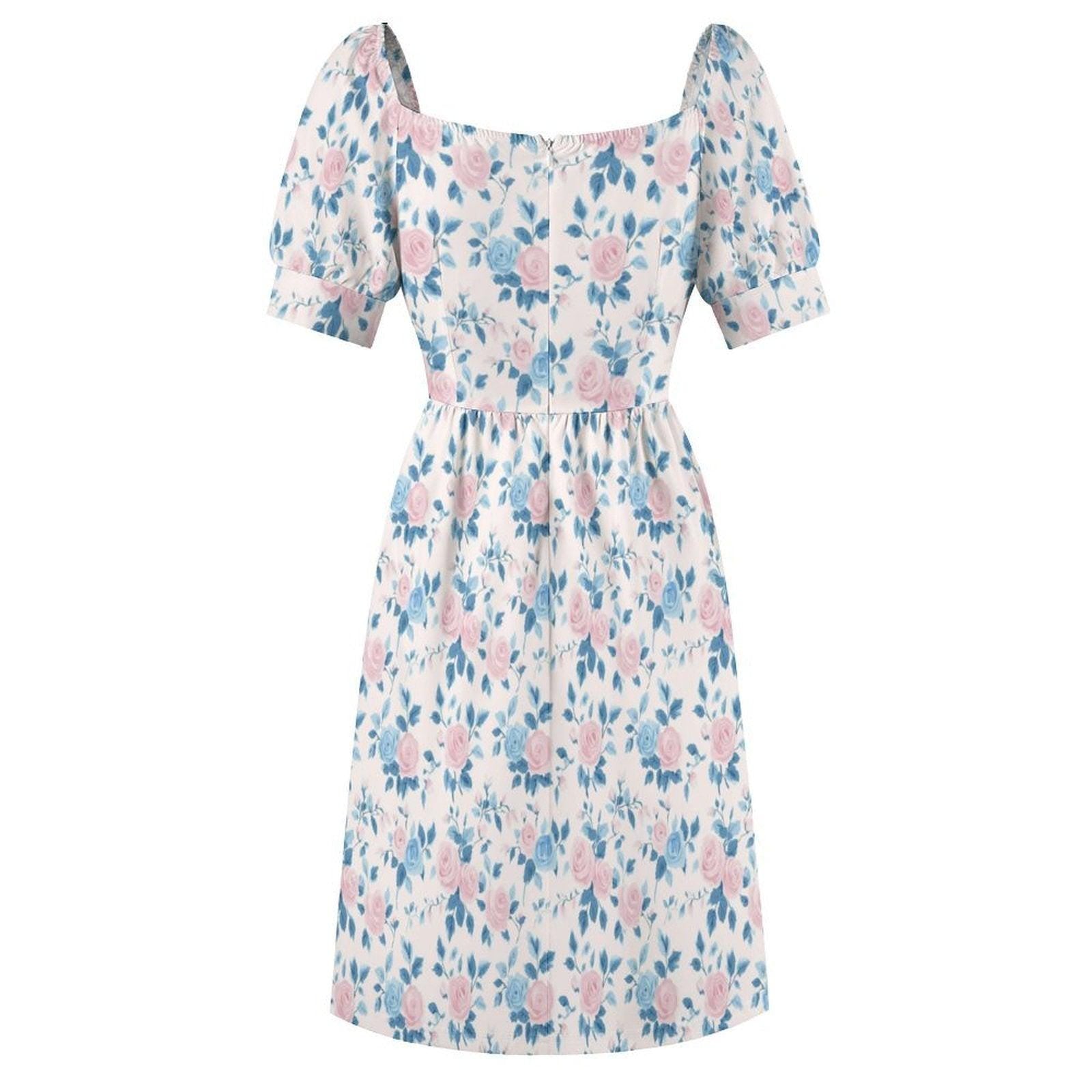 Blue Rose Midi Dress, Pastel Puff Sleeve, Ladylike Spring Brunch Outfit