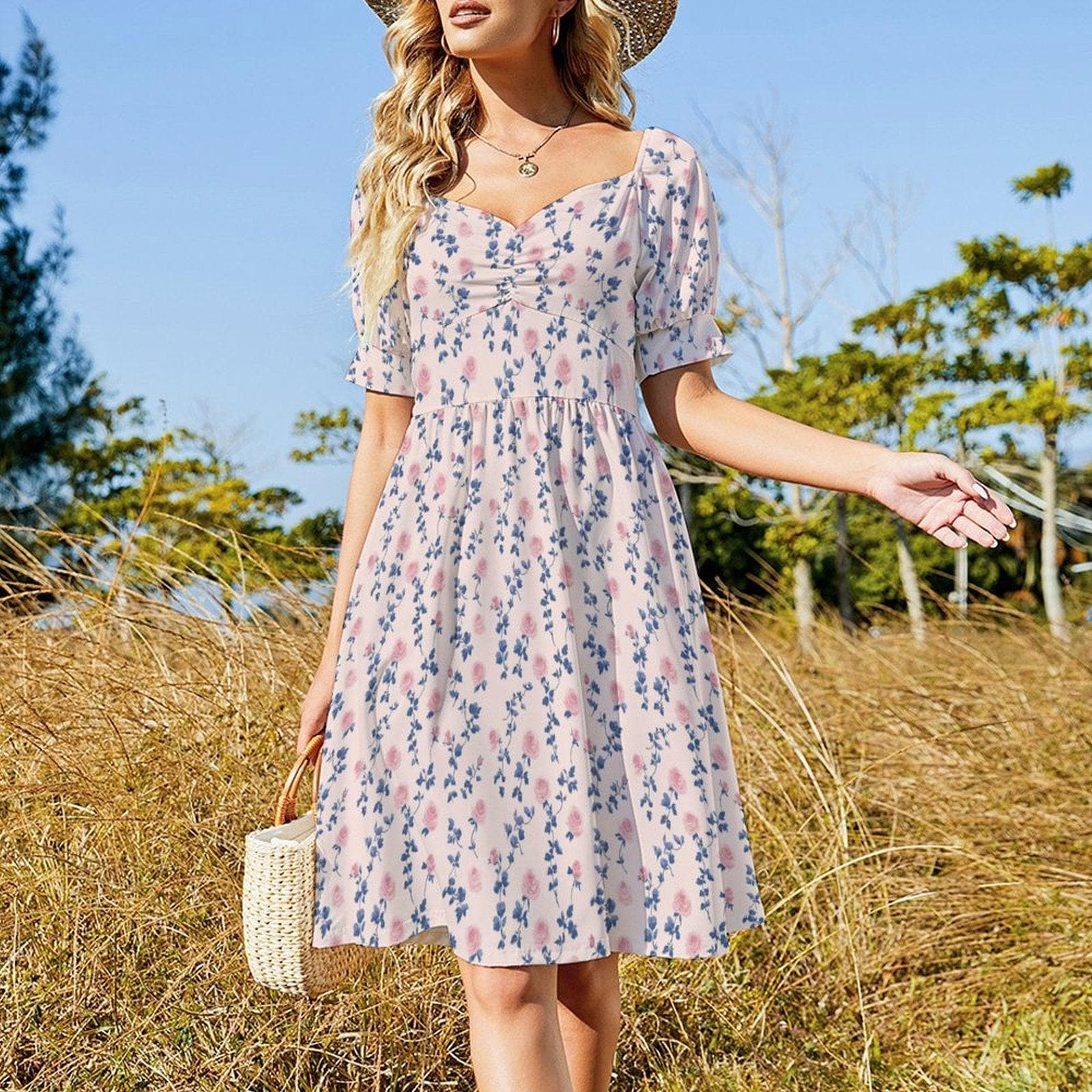 Rose Vine Midi Dress, Puff Sleeve Sweetheart, Blue Pink Floral, Cottage Wedding Guest