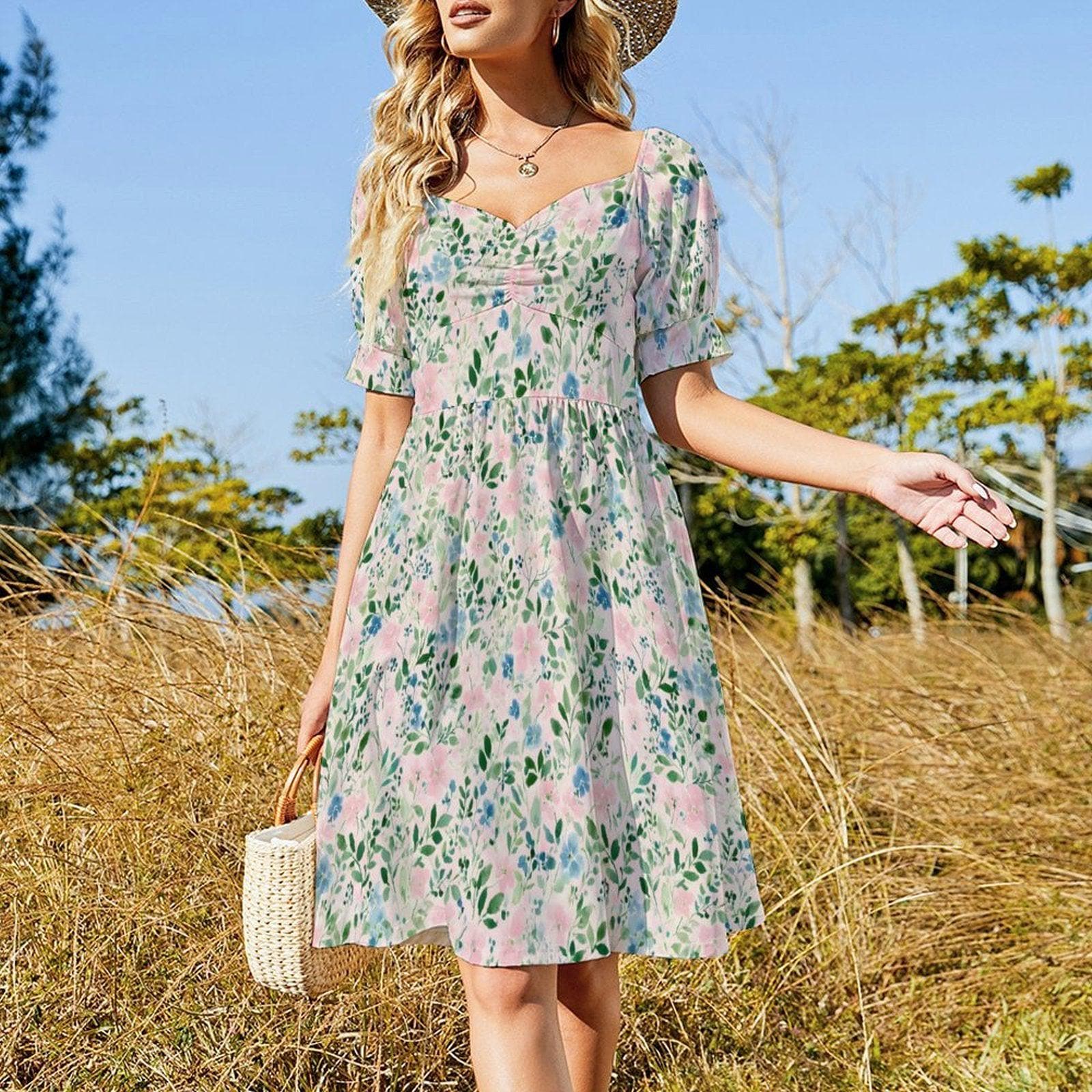 Watercolor floral midi dress for women, pastel meadow garden stroll, puff sleeve sweetheart dress