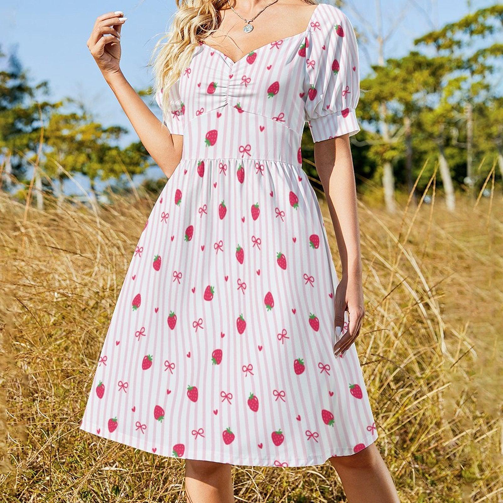 Strawberry Bow Dress, Pink Coquette Puff Sleeve, Picnic, Girls Trip, Summer Day Dress