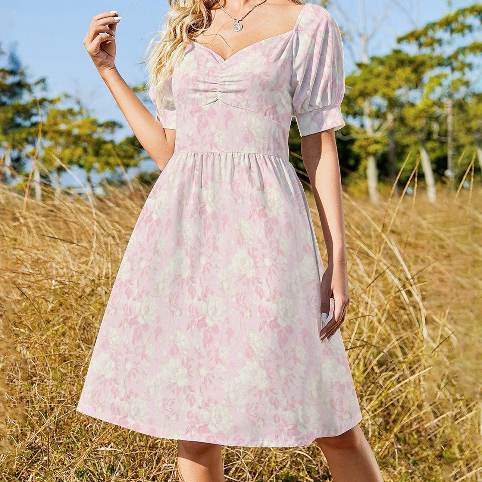 Blush Floral Puff Sleeve Midi Dress, Romantic Garden Party Style, Sweetheart Neckline