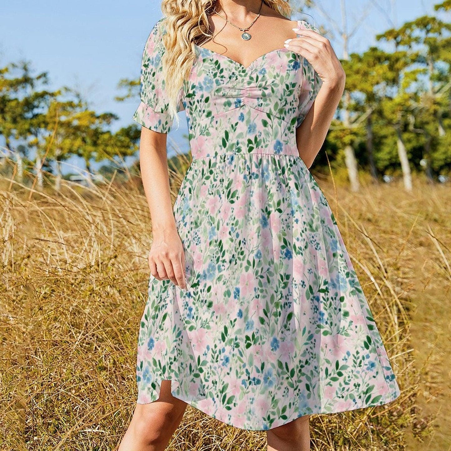 Watercolor floral midi dress for women, pastel meadow garden stroll, puff sleeve sweetheart dress