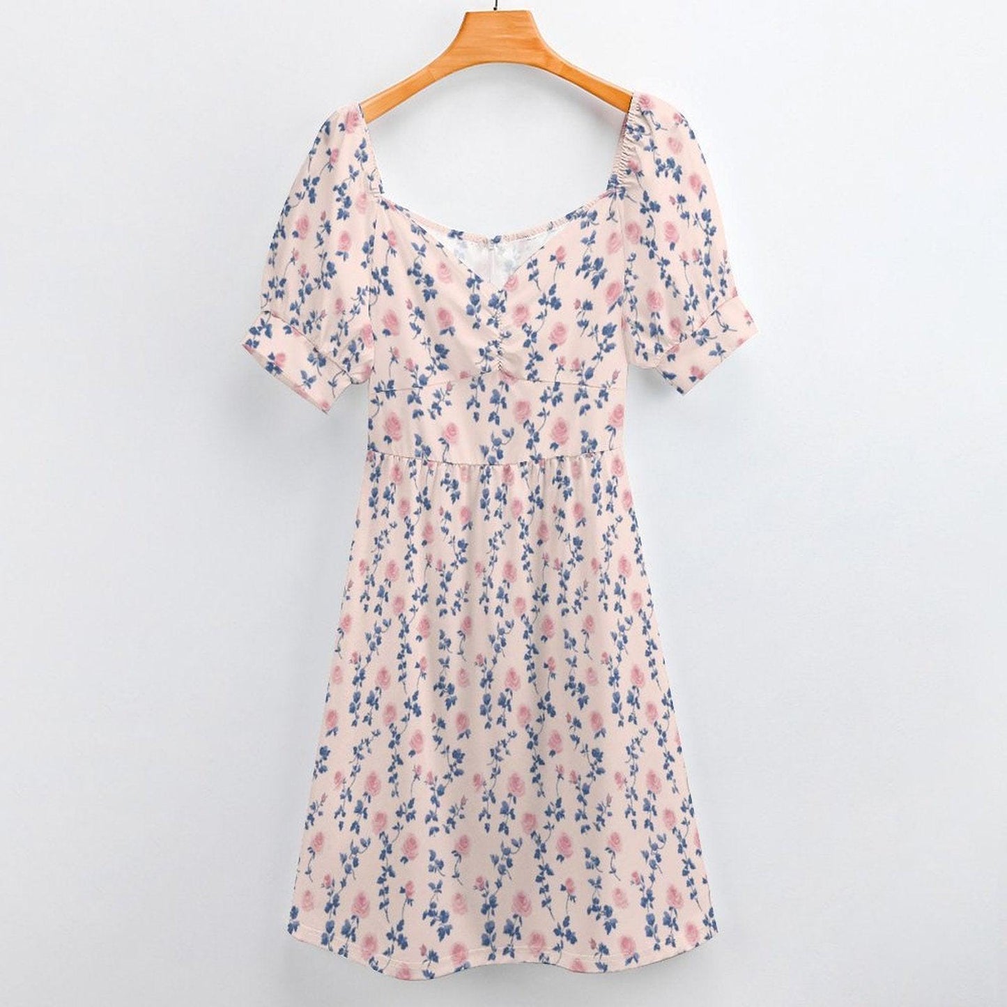 Rose Vine Midi Dress, Puff Sleeve Sweetheart, Blue Pink Floral, Cottage Wedding Guest