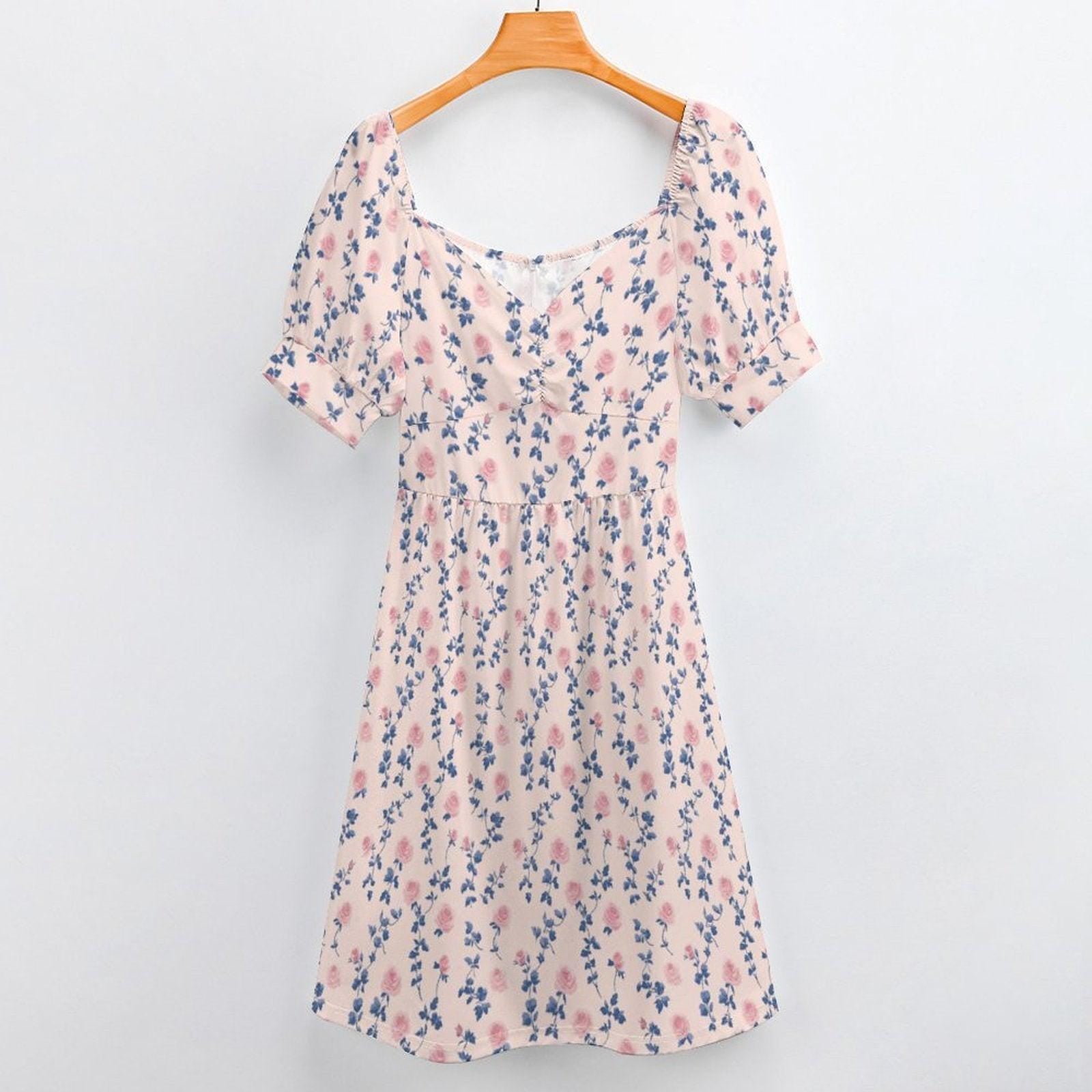 Rose Vine Midi Dress, Puff Sleeve Sweetheart, Blue Pink Floral, Cottage Wedding Guest