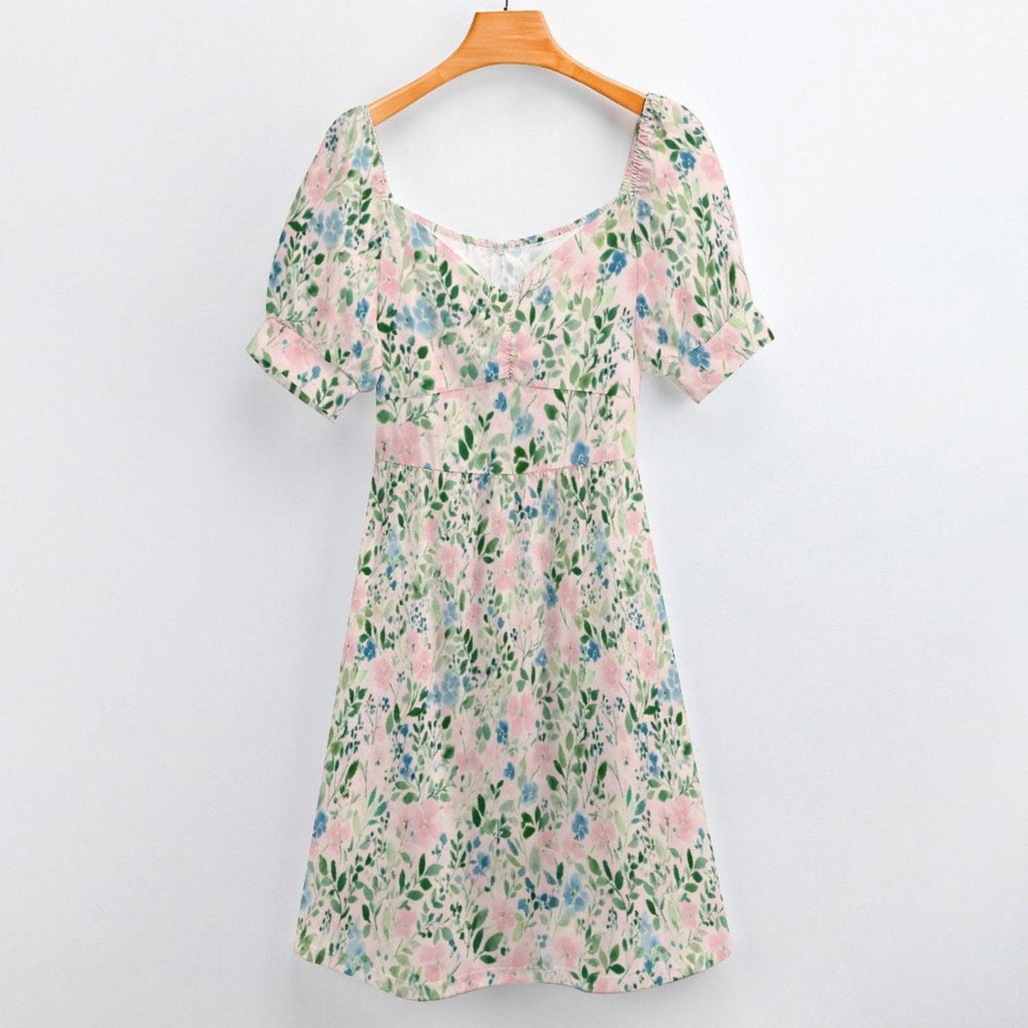 Watercolor floral midi dress for women, pastel meadow garden stroll, puff sleeve sweetheart dress