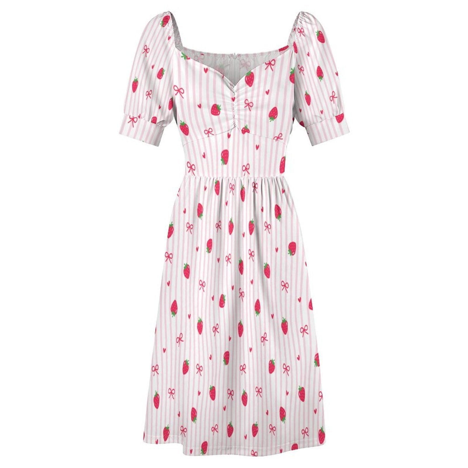 Strawberry Bow Dress, Pink Coquette Puff Sleeve, Picnic, Girls Trip, Summer Day Dress
