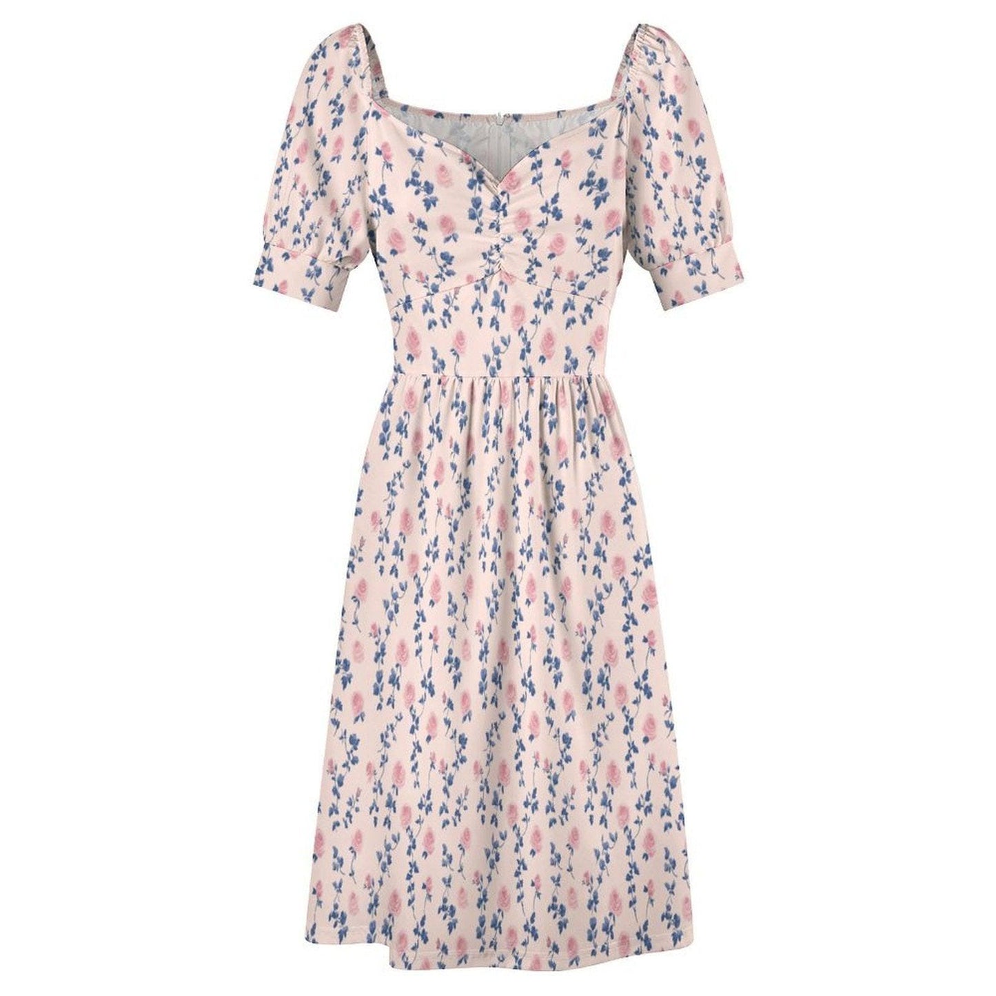 Rose Vine Midi Dress, Puff Sleeve Sweetheart, Blue Pink Floral, Cottage Wedding Guest
