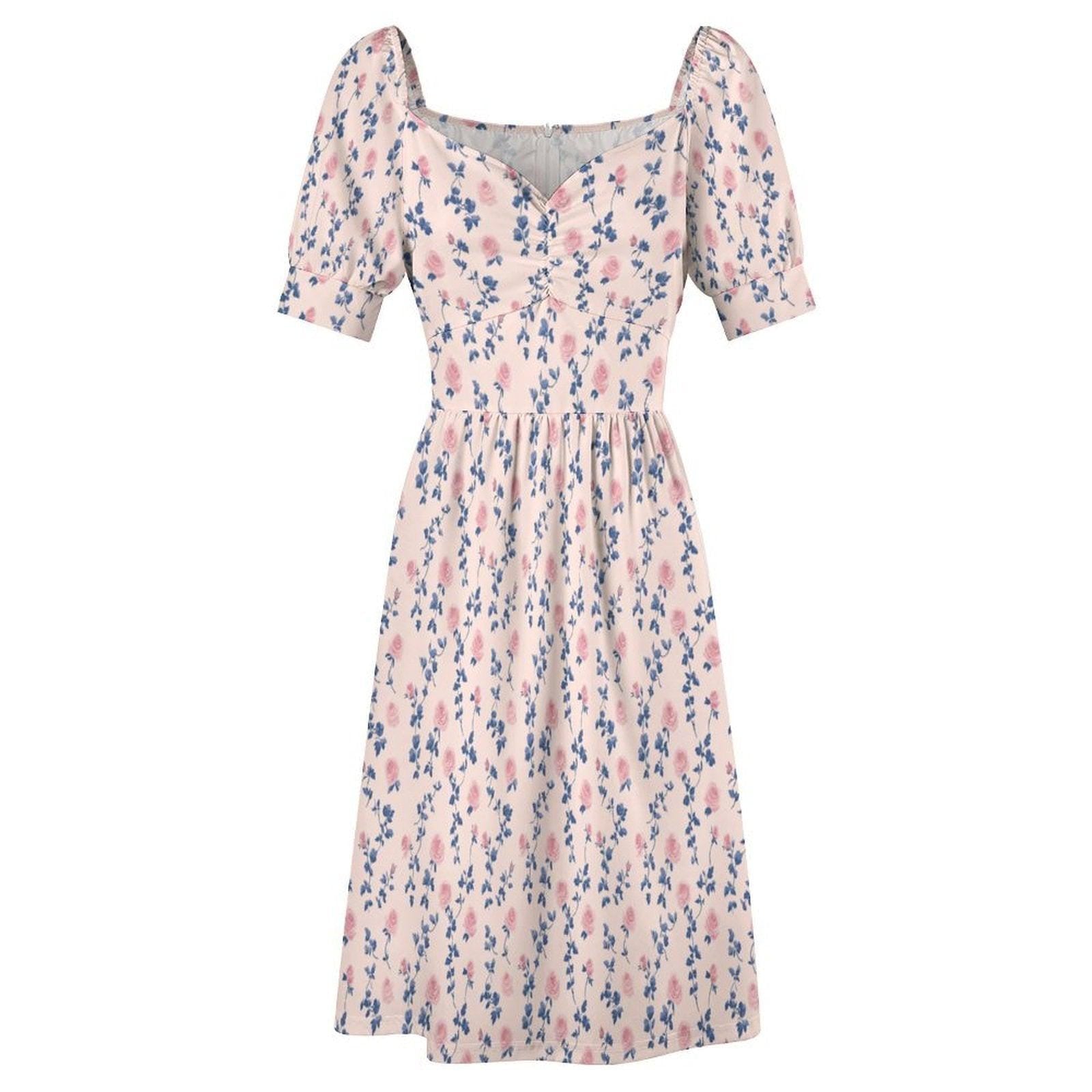 Rose Vine Midi Dress, Puff Sleeve Sweetheart, Blue Pink Floral, Cottage Wedding Guest