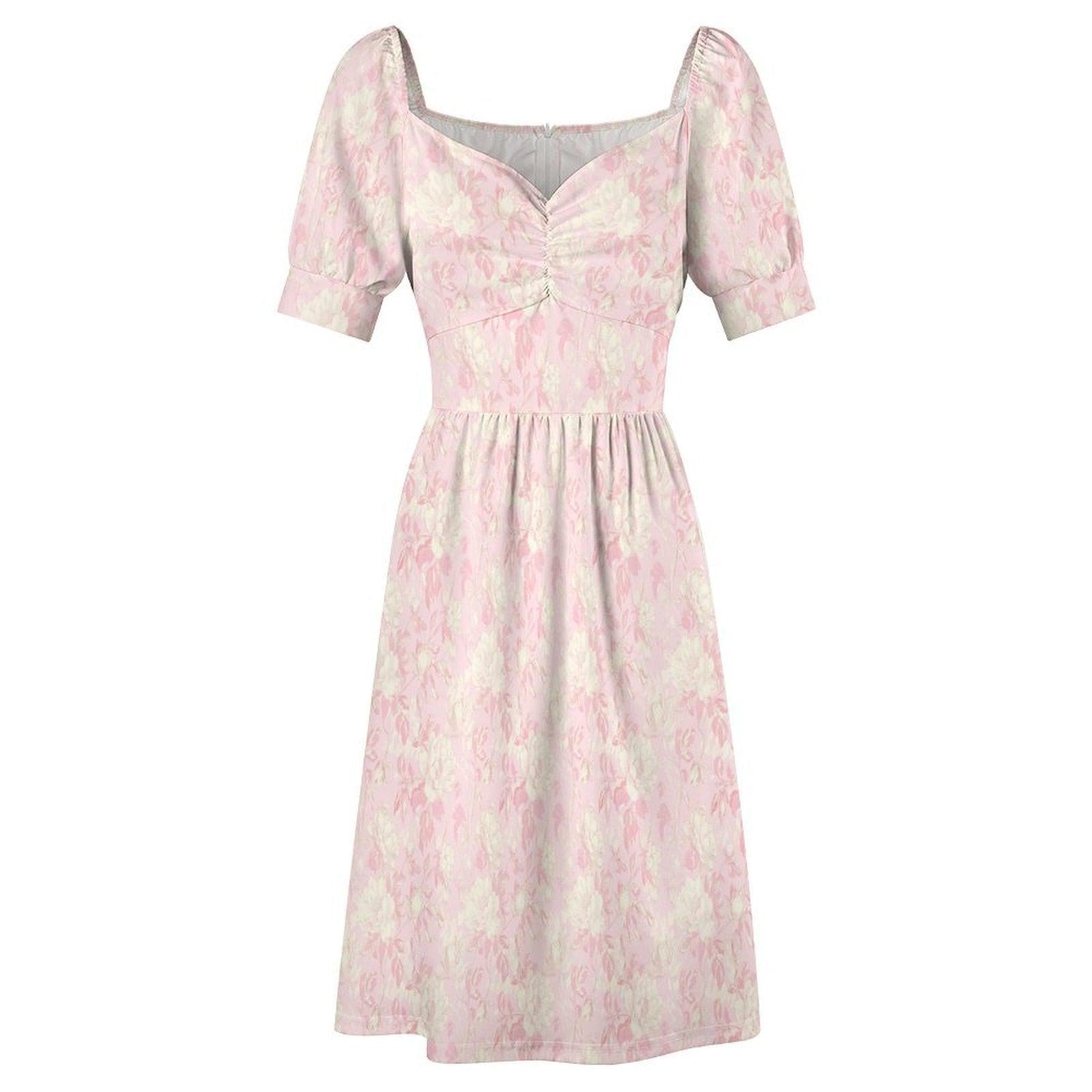 Blush Floral Puff Sleeve Midi Dress, Romantic Garden Party Style, Sweetheart Neckline