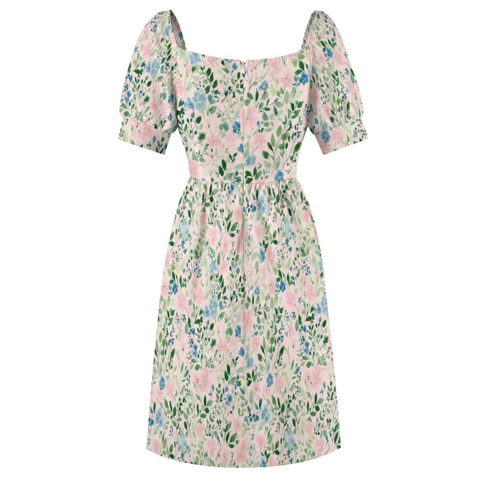 Watercolor floral midi dress for women, pastel meadow garden stroll, puff sleeve sweetheart dress