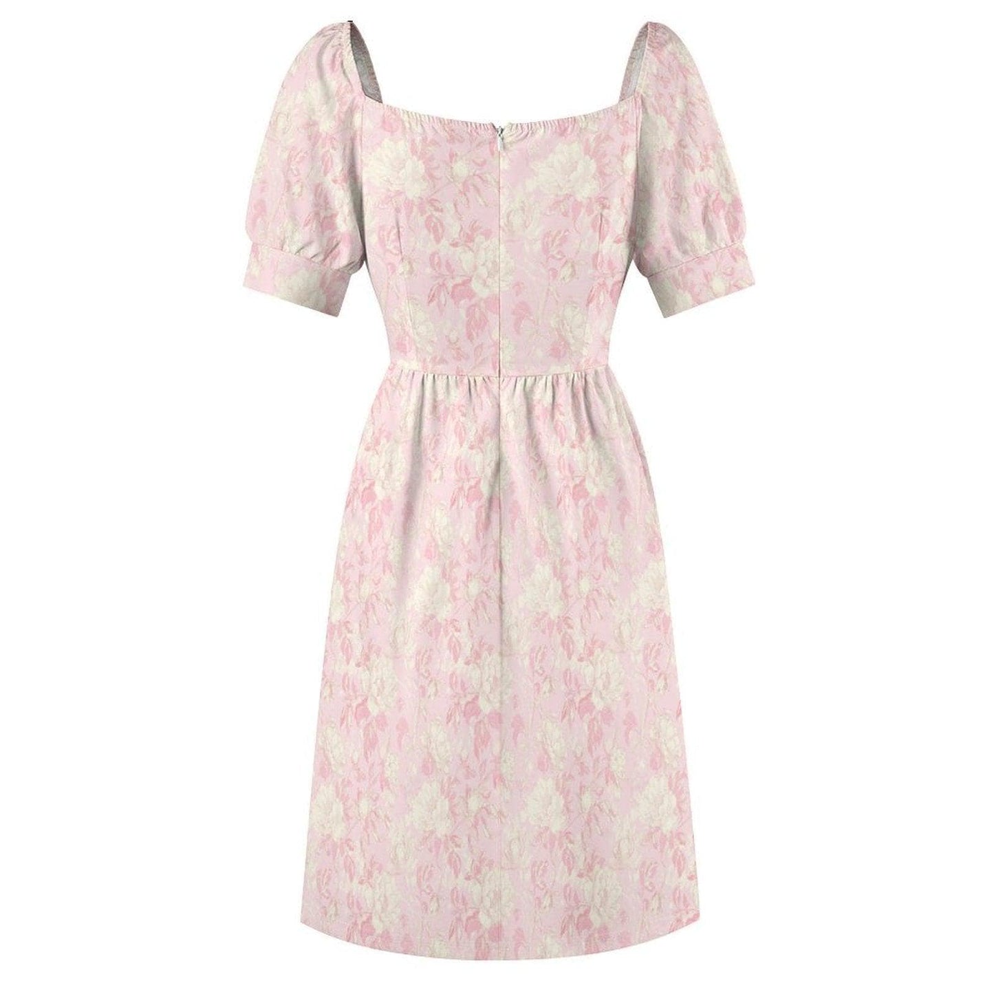 Blush Floral Puff Sleeve Midi Dress, Romantic Garden Party Style, Sweetheart Neckline