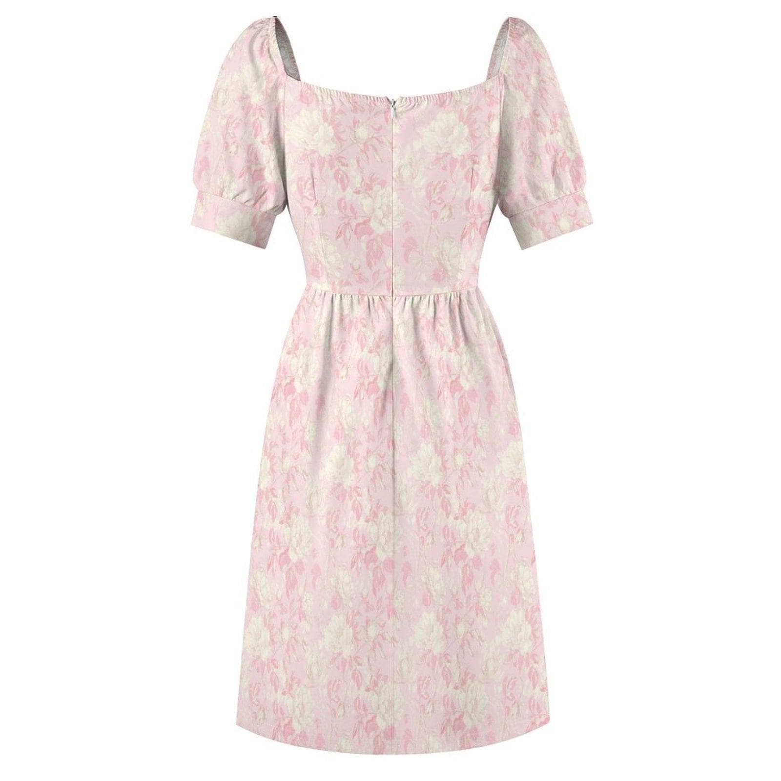 Blush Floral Puff Sleeve Midi Dress, Romantic Garden Party Style, Sweetheart Neckline