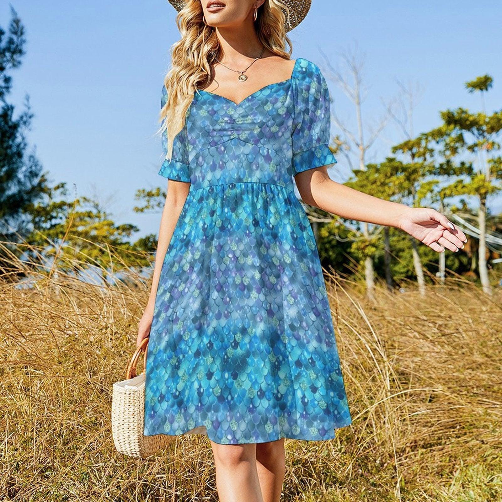 Blue Mermaid Scale Midi Dress, Sweetheart Puff Sleeve, Coastal Fantasy Outfit