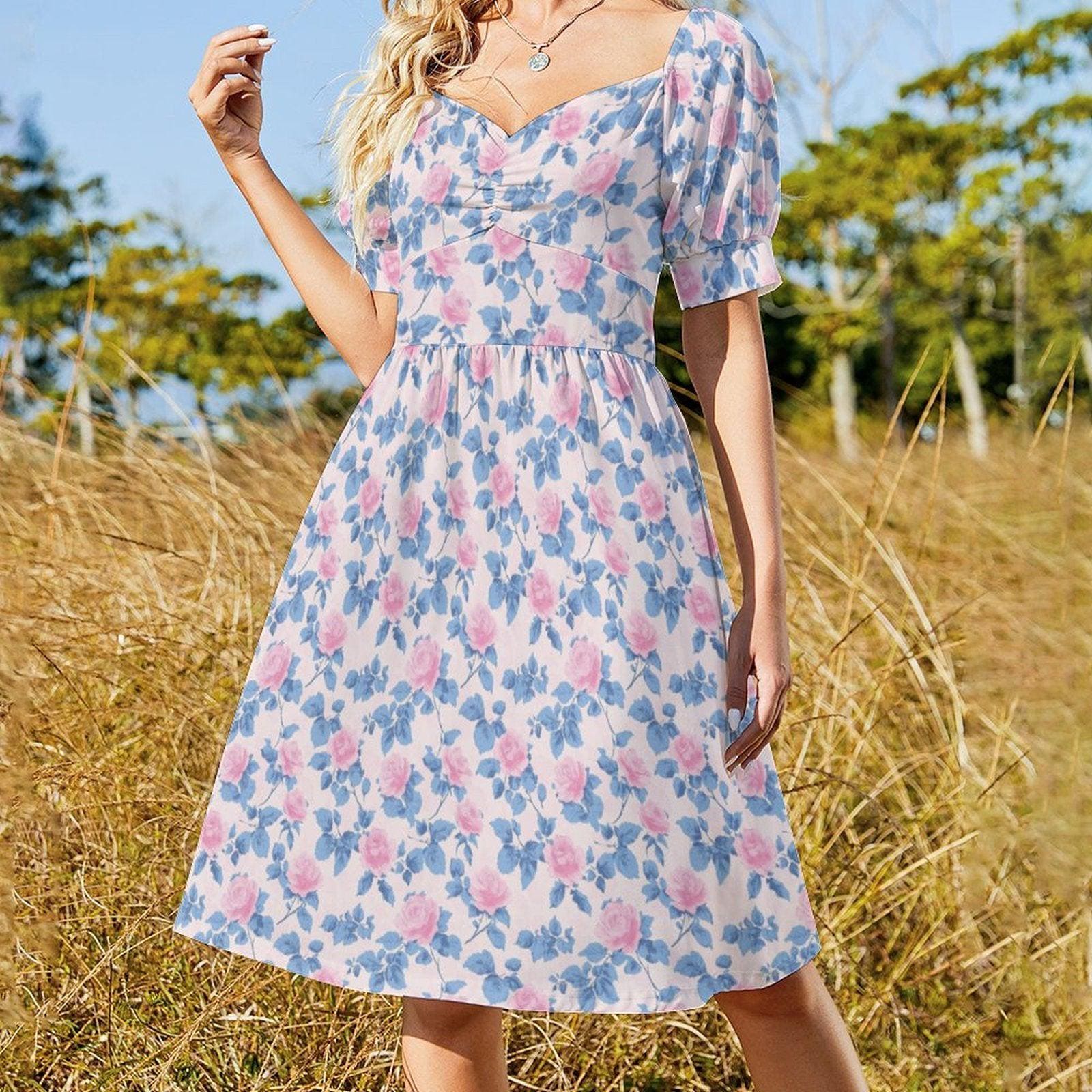 Pastel Floral Midi Dress, Puff Sleeve Sweetheart Neckline, Romantic Garden Party Outfit