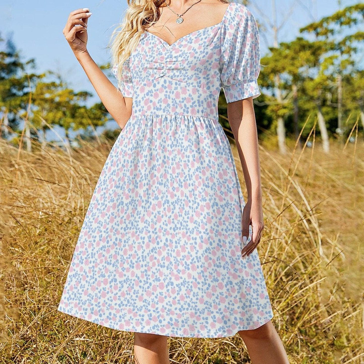 Pastel floral midi dress with puff sleeves, sweetheart neckline, prairie style, spring garden tea dress