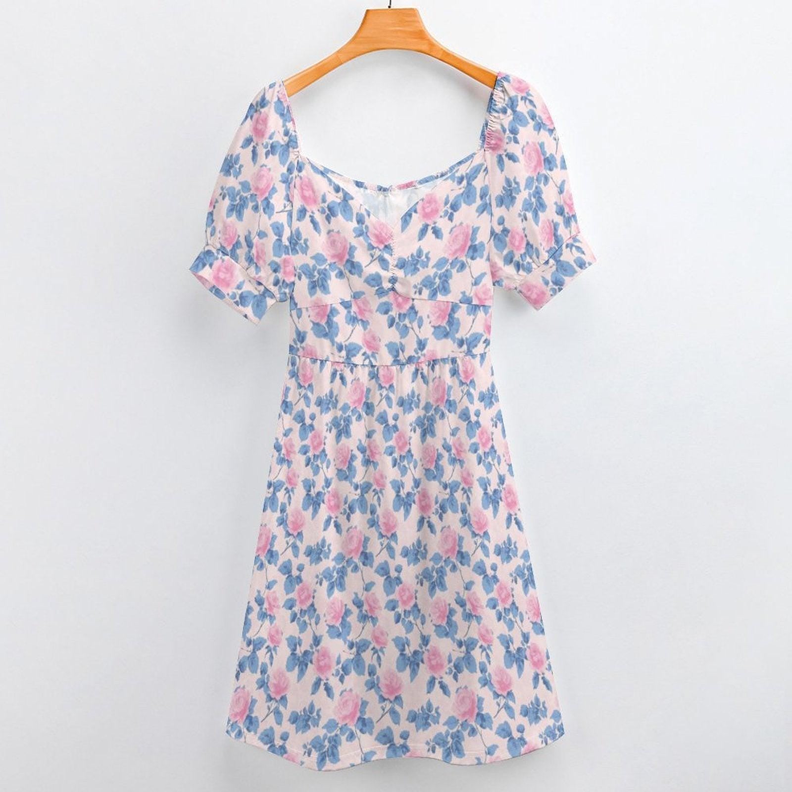Pastel Floral Midi Dress, Puff Sleeve Sweetheart Neckline, Romantic Garden Party Outfit
