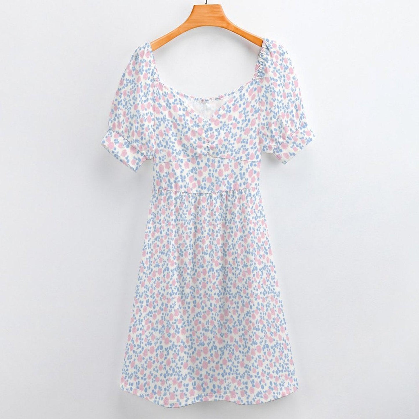 Pastel floral midi dress with puff sleeves, sweetheart neckline, prairie style, spring garden tea dress