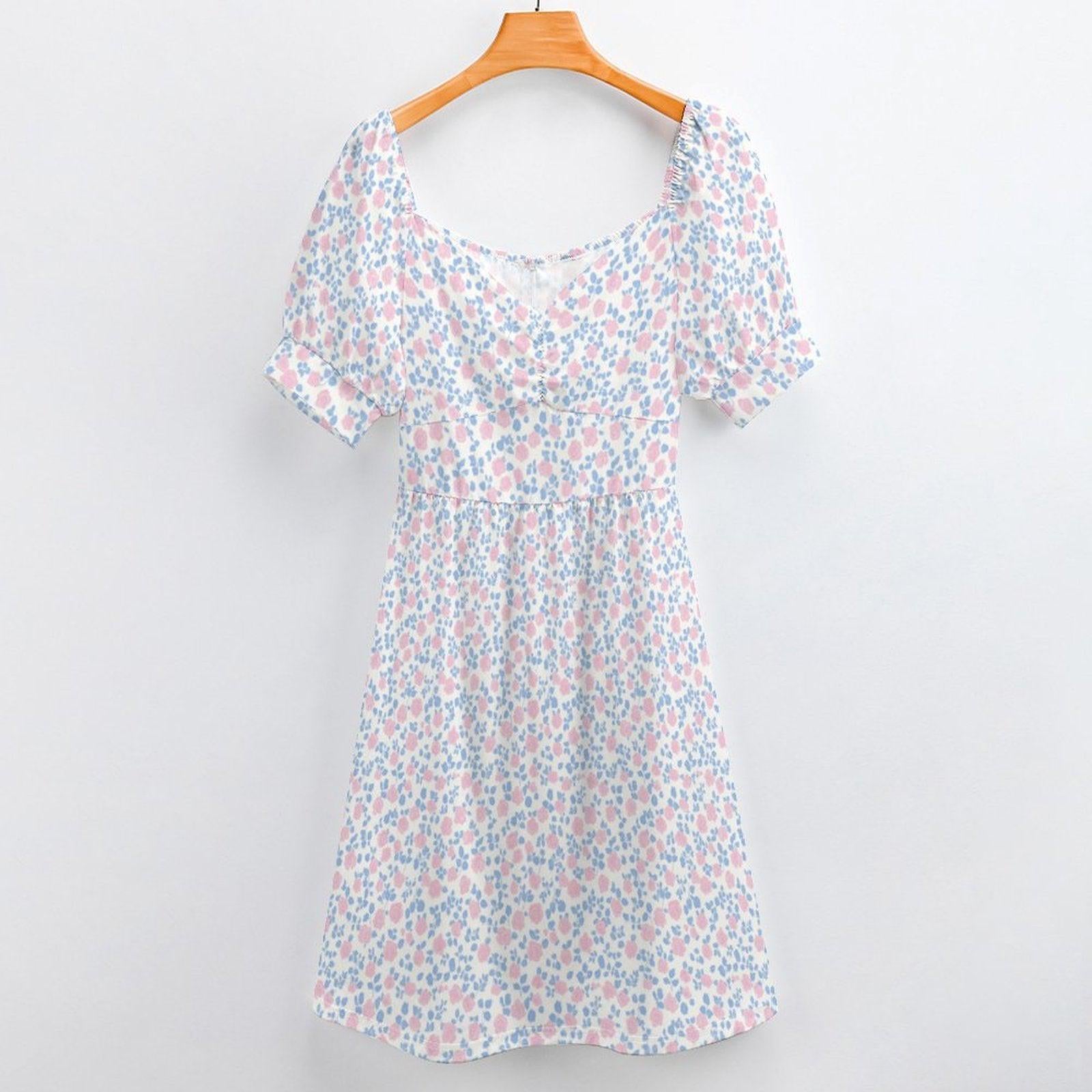 Pastel floral midi dress with puff sleeves, sweetheart neckline, prairie style, spring garden tea dress