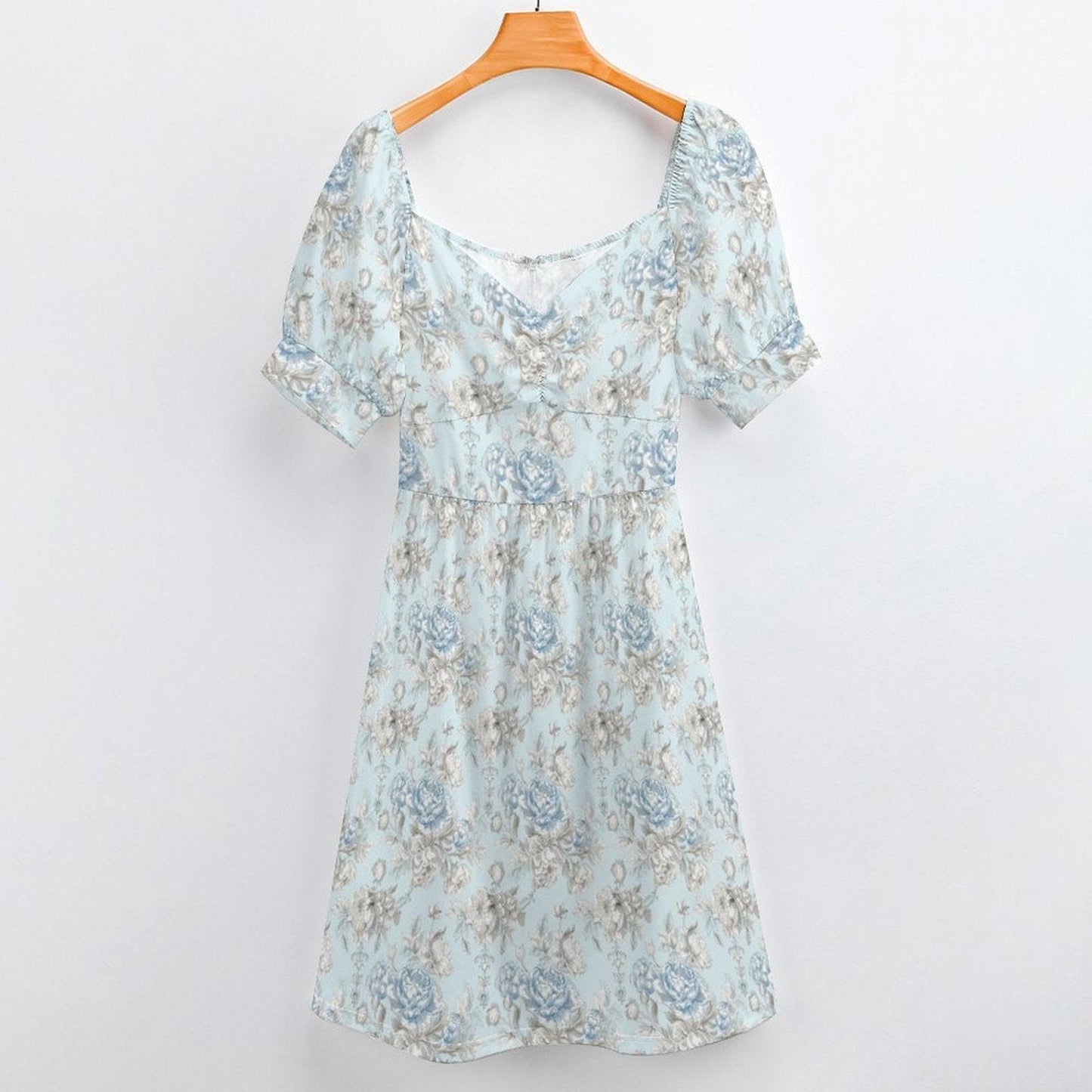French Country Blue Rose Midi Dress, Puff Sleeve Sweetheart Tea Dress