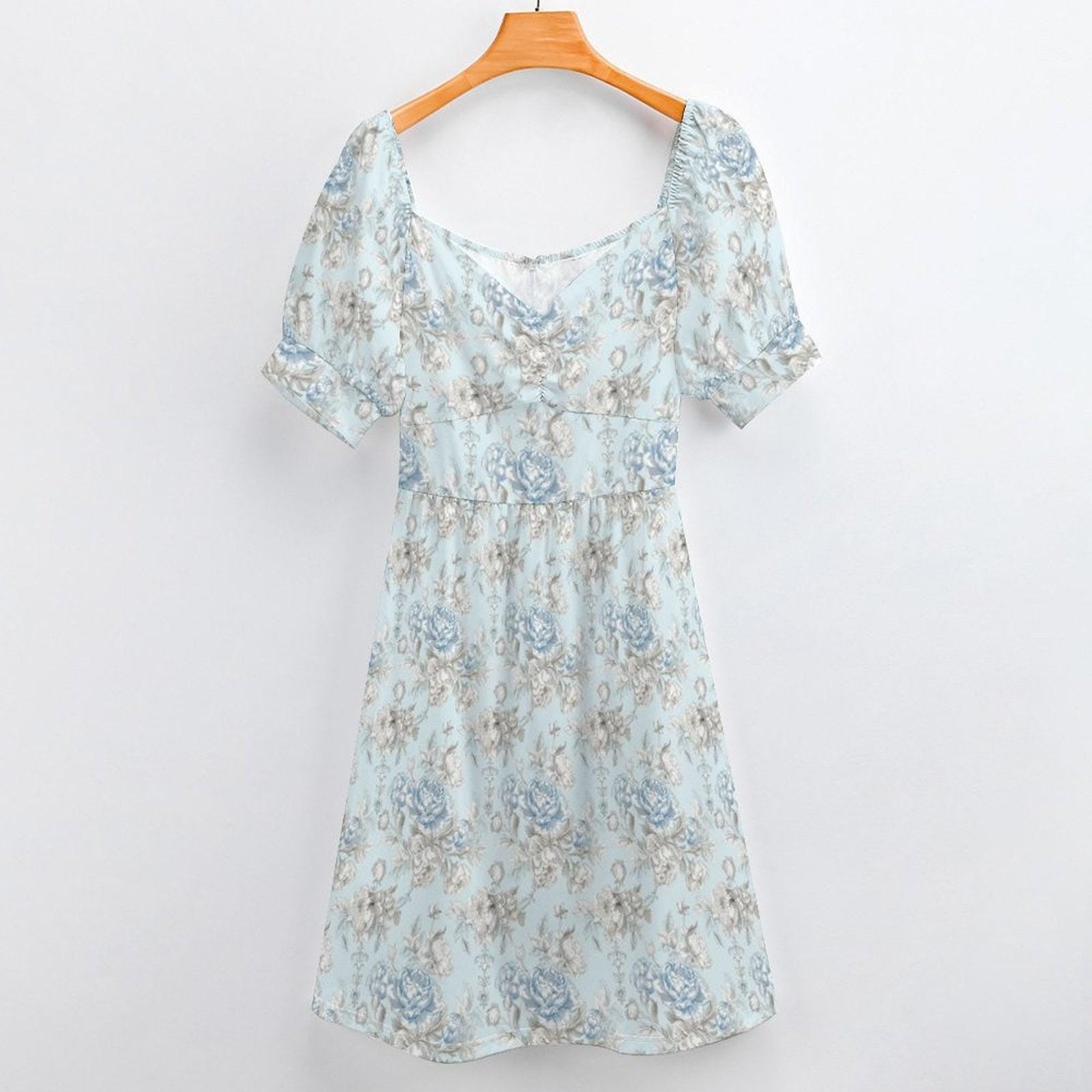 French Country Blue Rose Midi Dress, Puff Sleeve Sweetheart Tea Dress