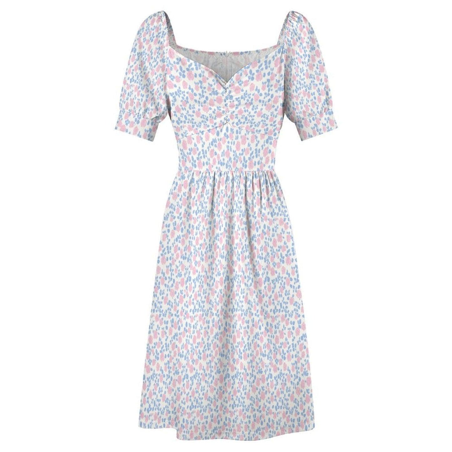 Pastel floral midi dress with puff sleeves, sweetheart neckline, prairie style, spring garden tea dress