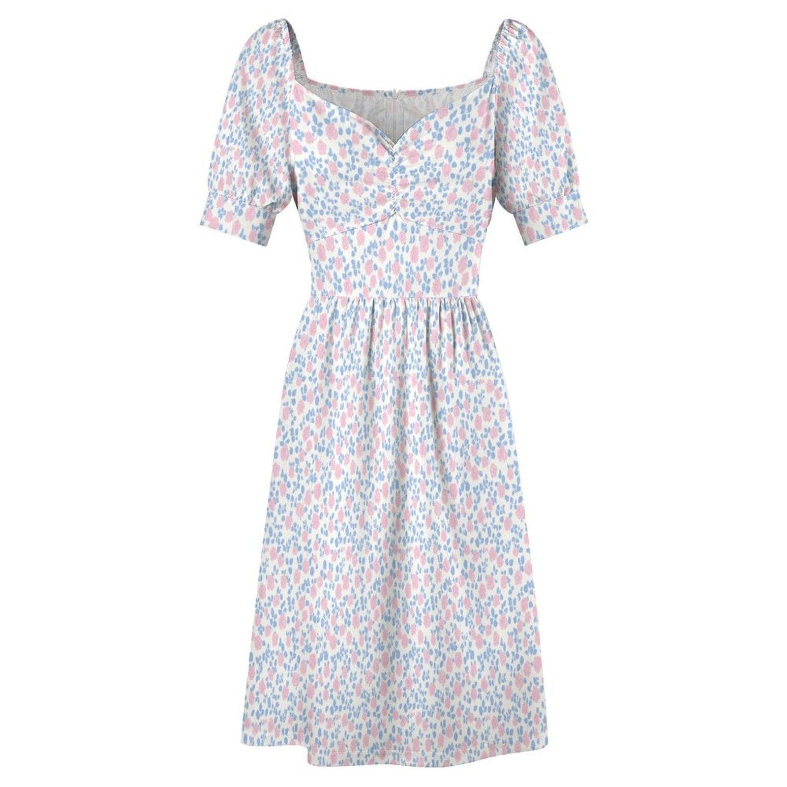 Pastel floral midi dress with puff sleeves, sweetheart neckline, prairie style, spring garden tea dress