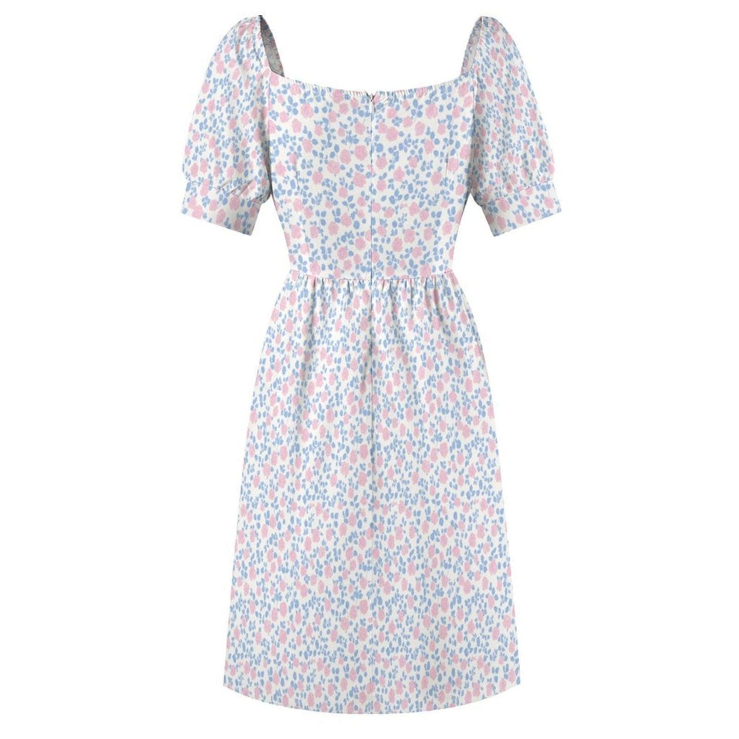 Pastel floral midi dress with puff sleeves, sweetheart neckline, prairie style, spring garden tea dress