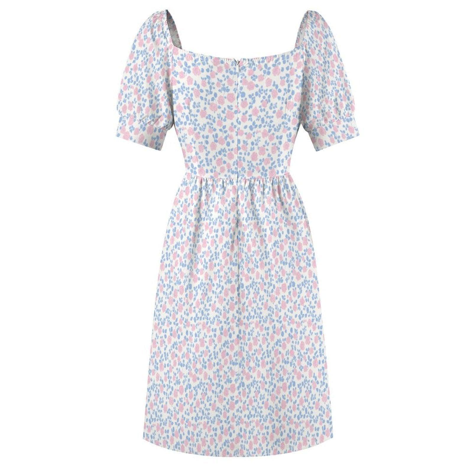Pastel floral midi dress with puff sleeves, sweetheart neckline, prairie style, spring garden tea dress