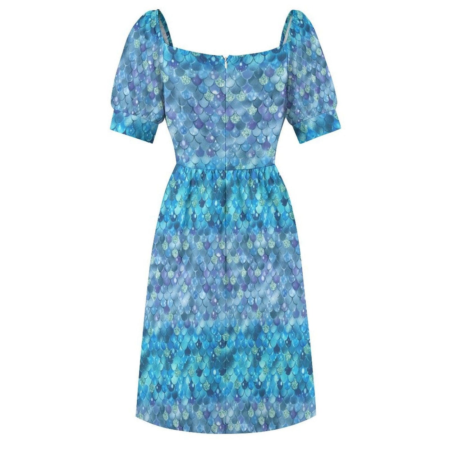 Blue Mermaid Scale Midi Dress, Sweetheart Puff Sleeve, Coastal Fantasy Outfit