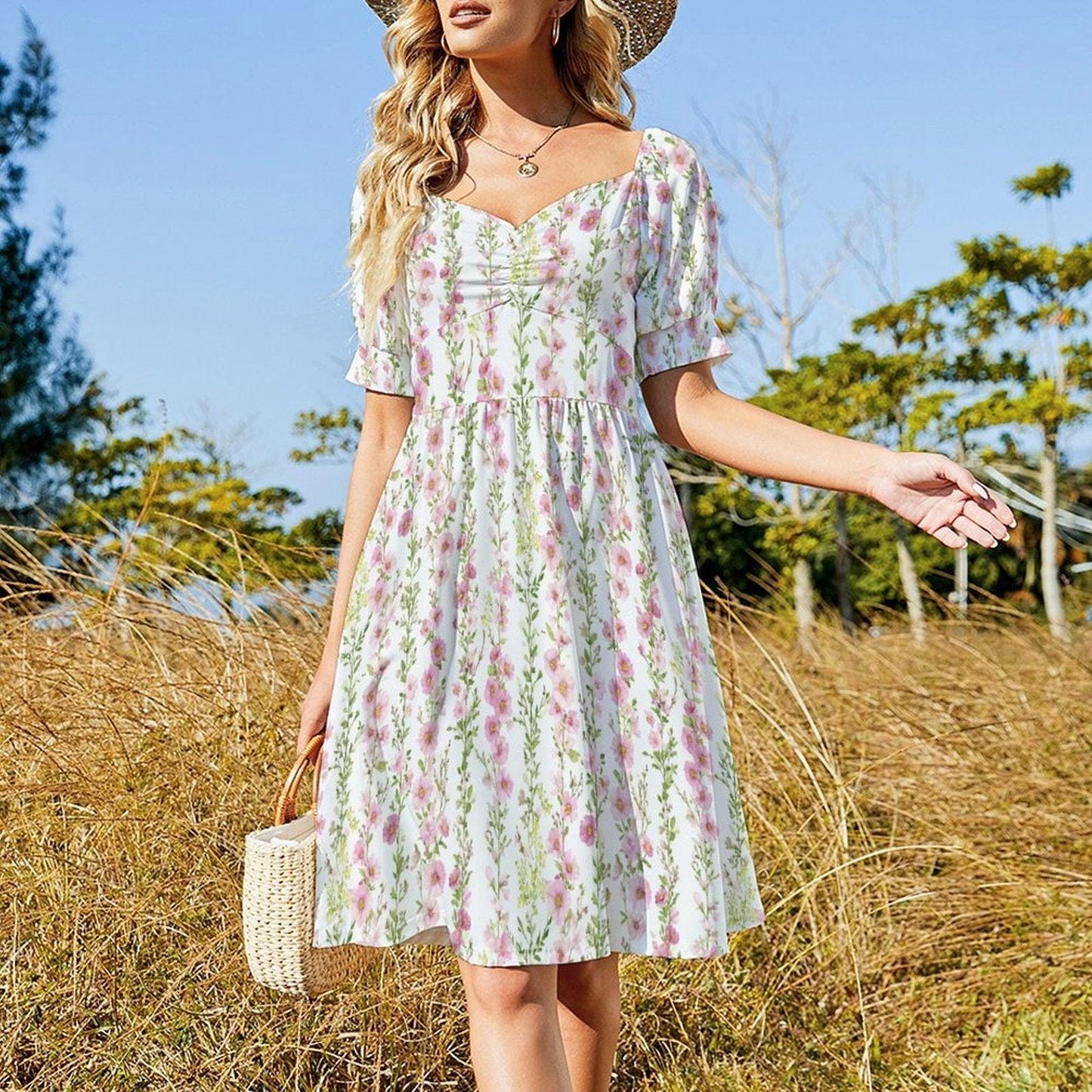 Pink Hollyhock Midi Dress, Cottage Garden Puff Sleeve, Romantic Floral Tea Party Outfit