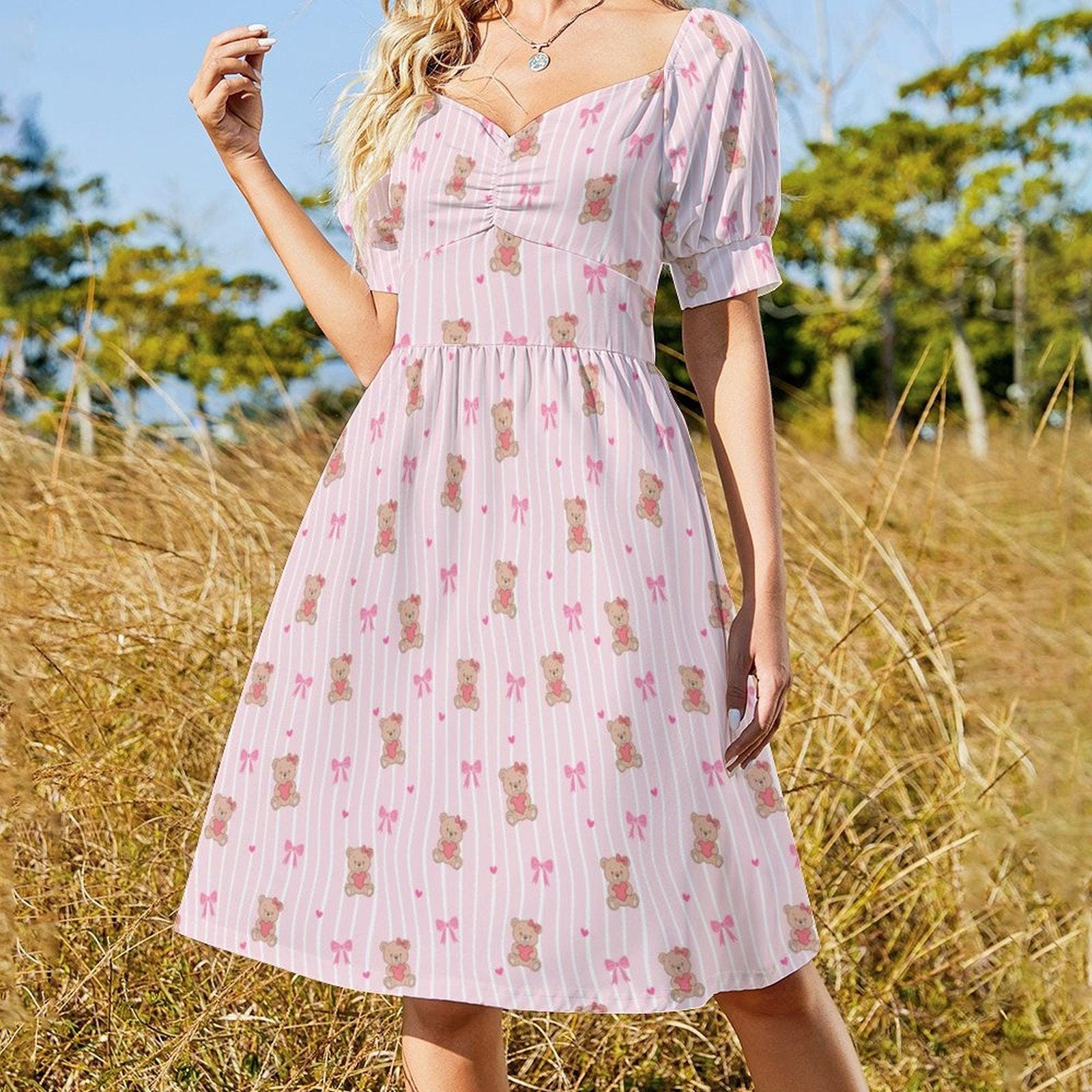 Pink Teddy Bear Babydoll Dress, Bow Print Puff Sleeve, Sweetheart Neckline, Kawaii Style