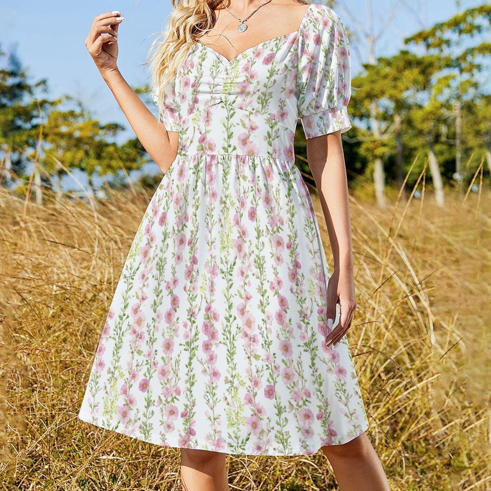 Pink Hollyhock Midi Dress, Cottage Garden Puff Sleeve, Romantic Floral Tea Party Outfit
