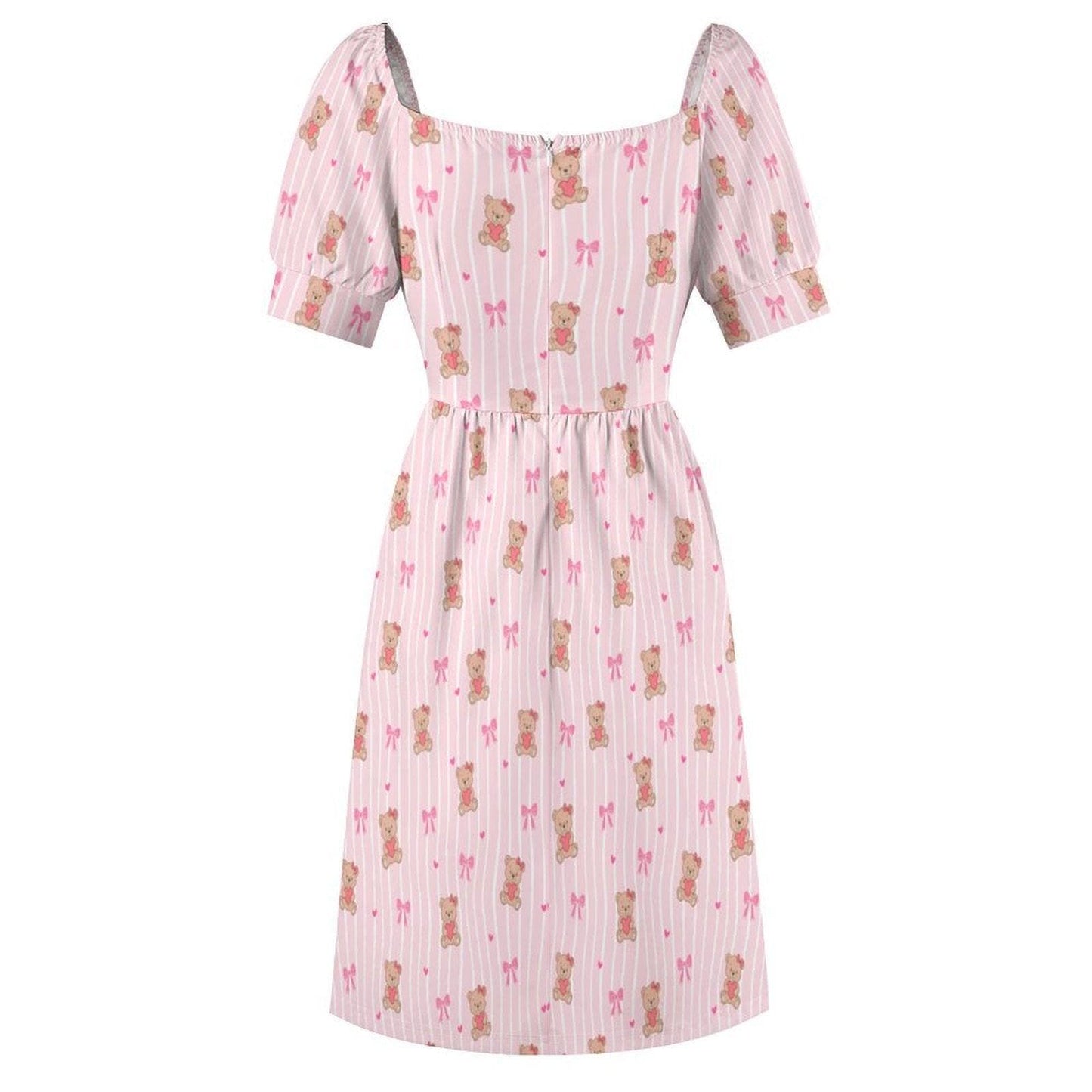 Pink Teddy Bear Babydoll Dress, Bow Print Puff Sleeve, Sweetheart Neckline, Kawaii Style