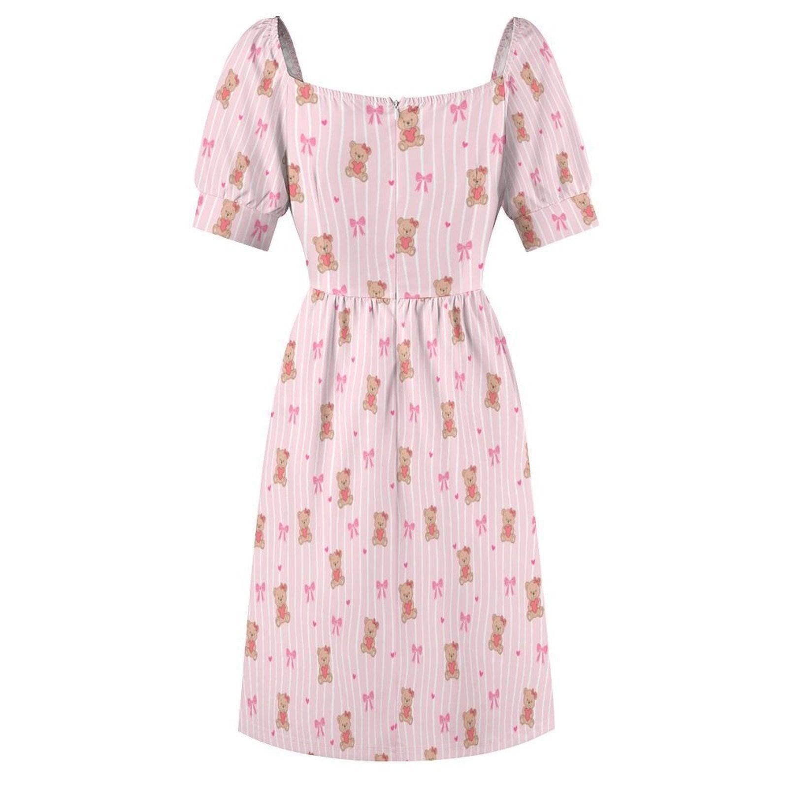 Pink Teddy Bear Babydoll Dress, Bow Print Puff Sleeve, Sweetheart Neckline, Kawaii Style