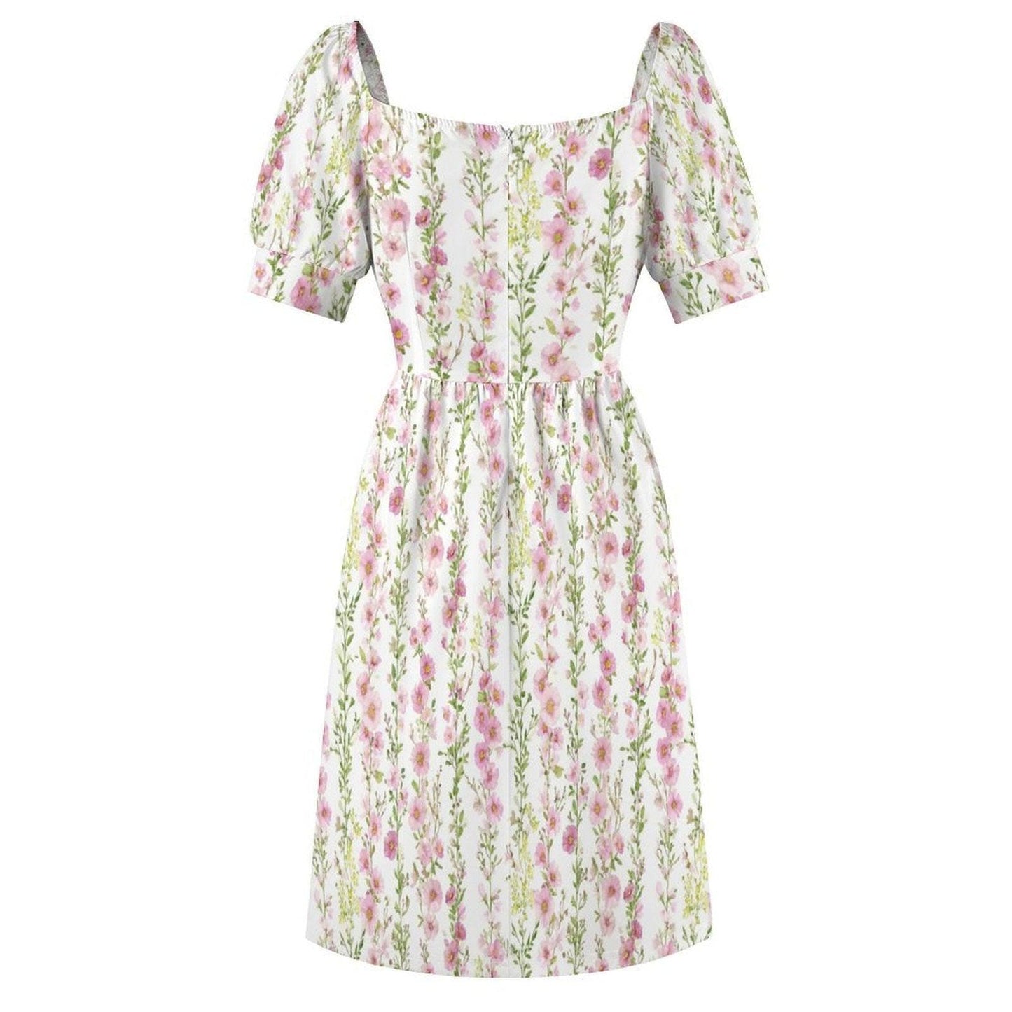Pink Hollyhock Midi Dress, Cottage Garden Puff Sleeve, Romantic Floral Tea Party Outfit