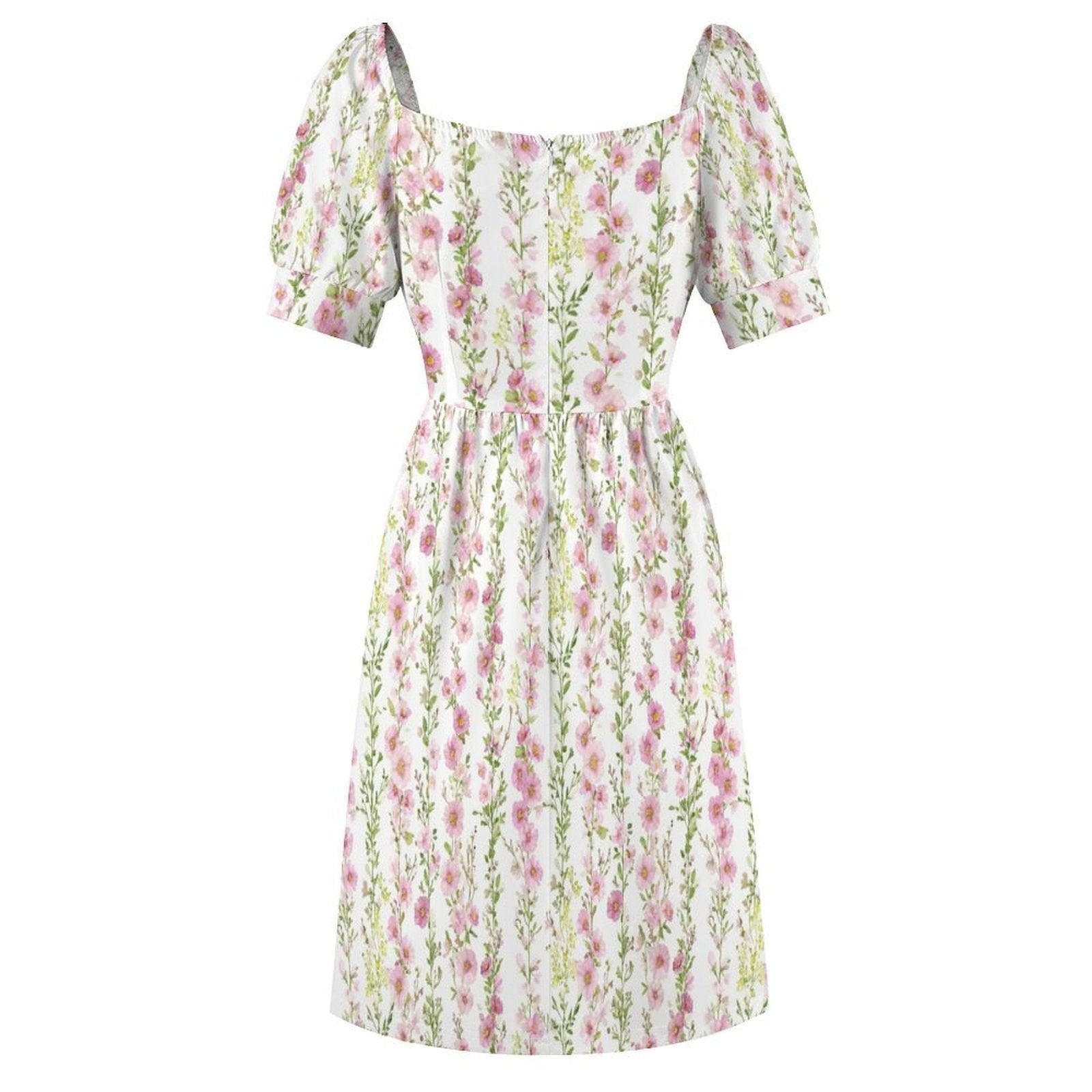 Pink Hollyhock Midi Dress, Cottage Garden Puff Sleeve, Romantic Floral Tea Party Outfit