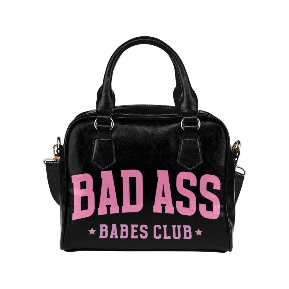 Badass Babes Club Black Statement Handbag, Pink Slogan Bowler Bag, Edgy Baddie Purse