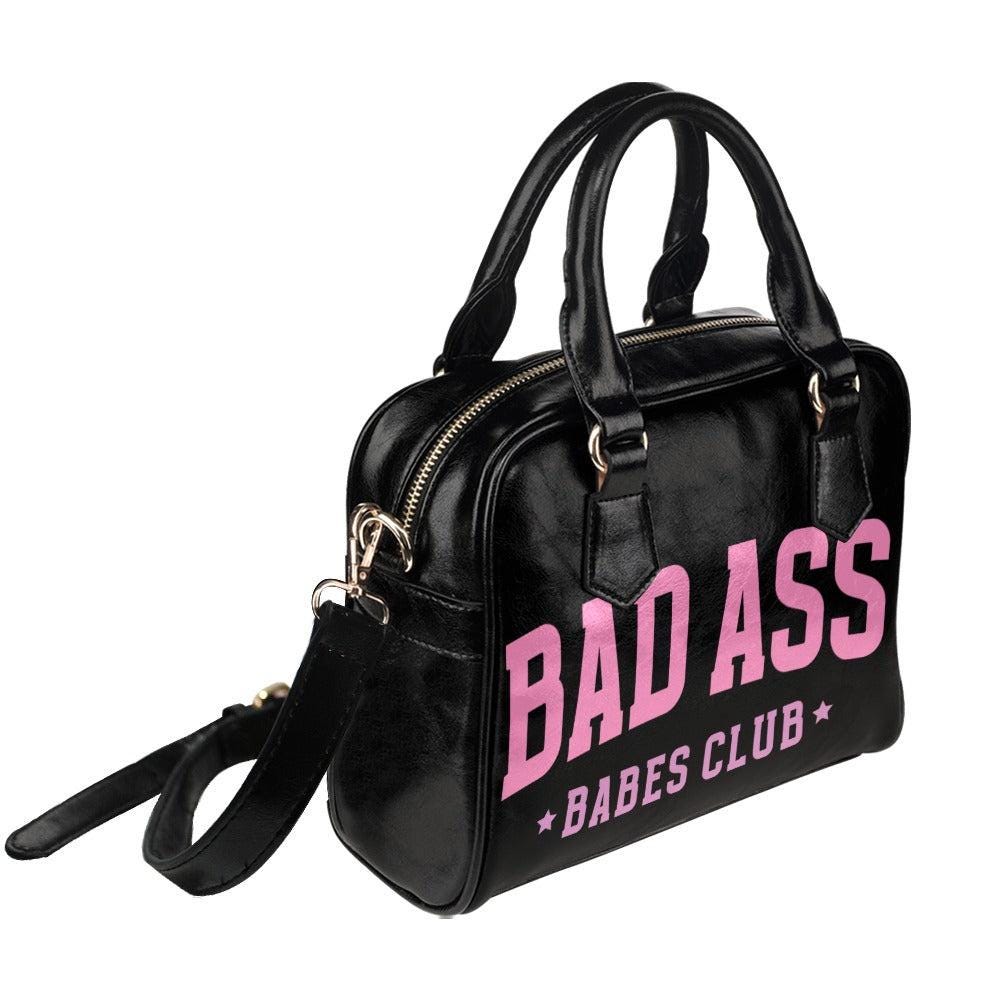 Badass Babes Club Black Statement Handbag, Pink Slogan Bowler Bag, Edgy Baddie Purse