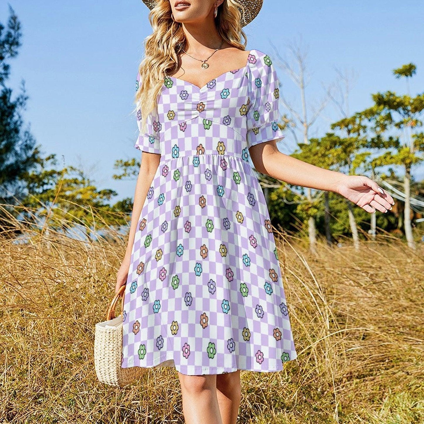 Lavender Checkerboard Midi Dress, Pastel Daisy Puff Sleeve, Retro Picnic Outfit