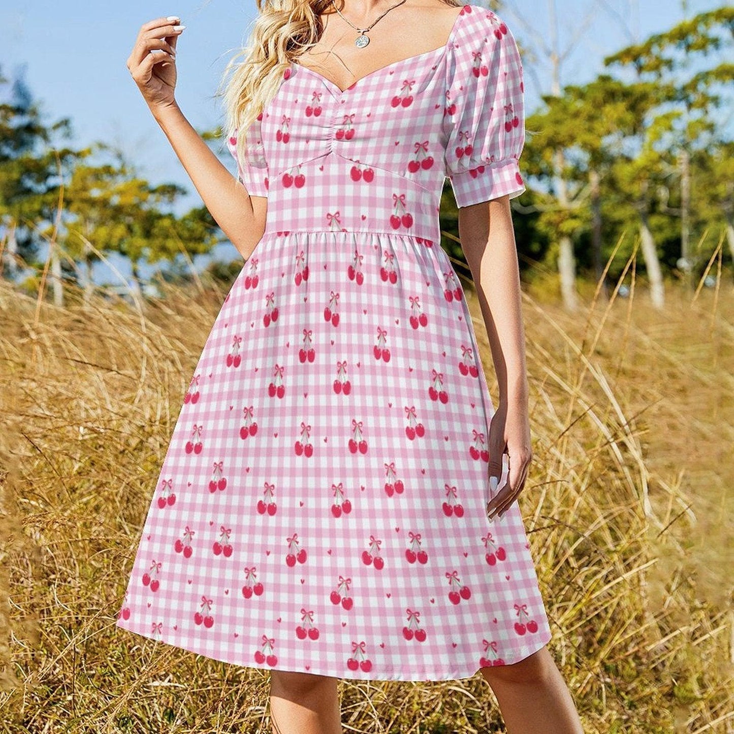 Pink Gingham Cherry Print Babydoll Dress, Summer Cottagecore Puff Sleeve Picnic Outfit