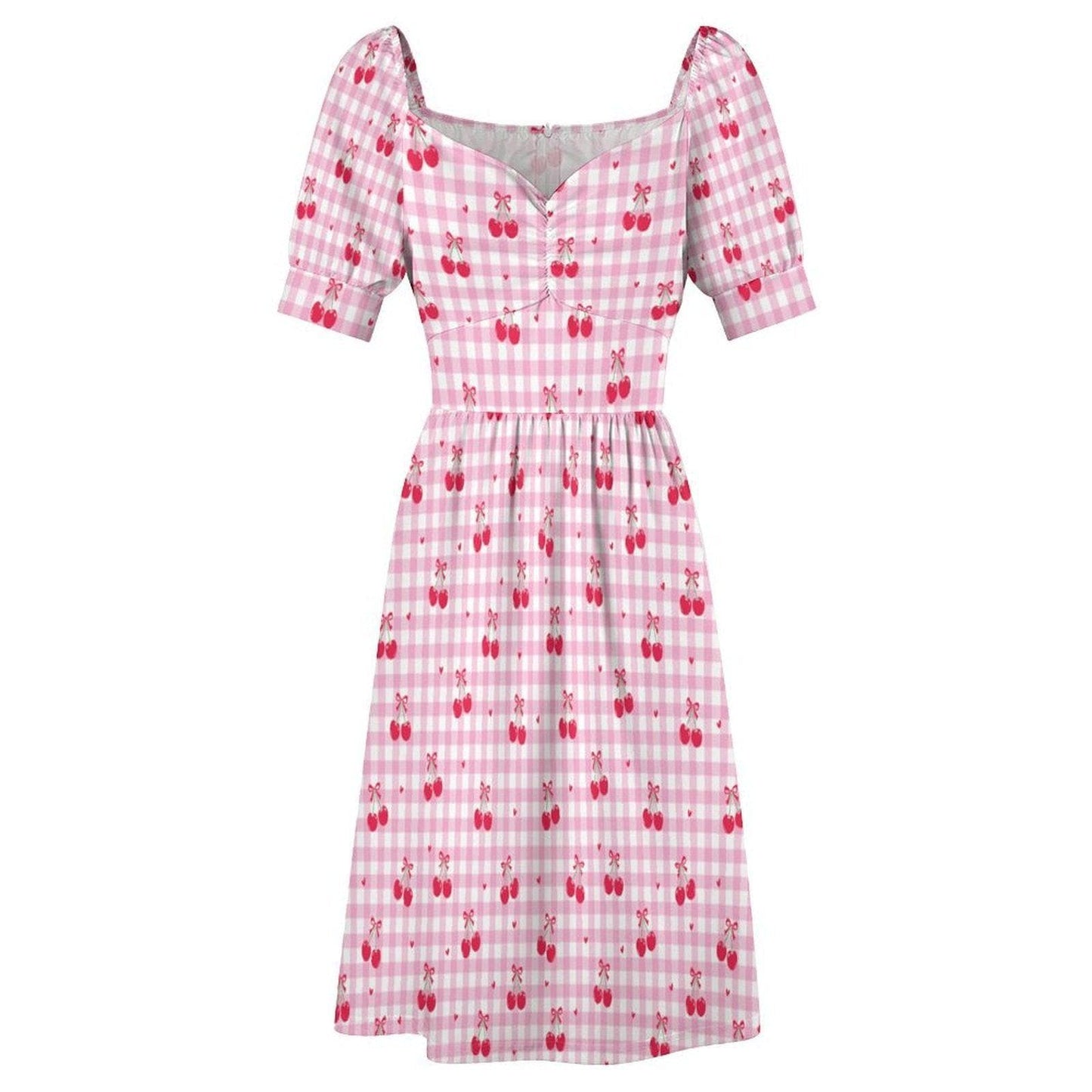 Pink Gingham Cherry Print Babydoll Dress, Summer Cottagecore Puff Sleeve Picnic Outfit