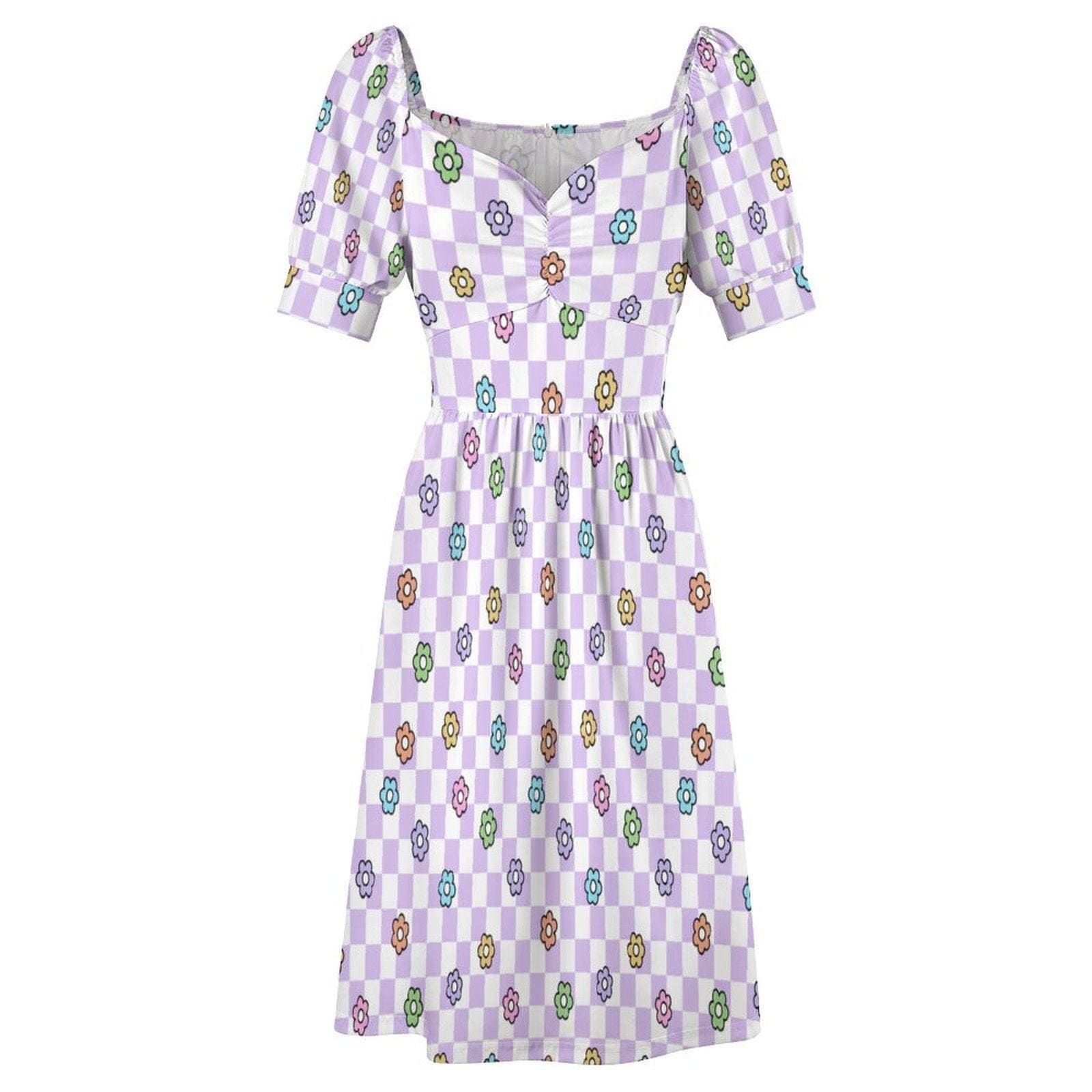 Lavender Checkerboard Midi Dress, Pastel Daisy Puff Sleeve, Retro Picnic Outfit