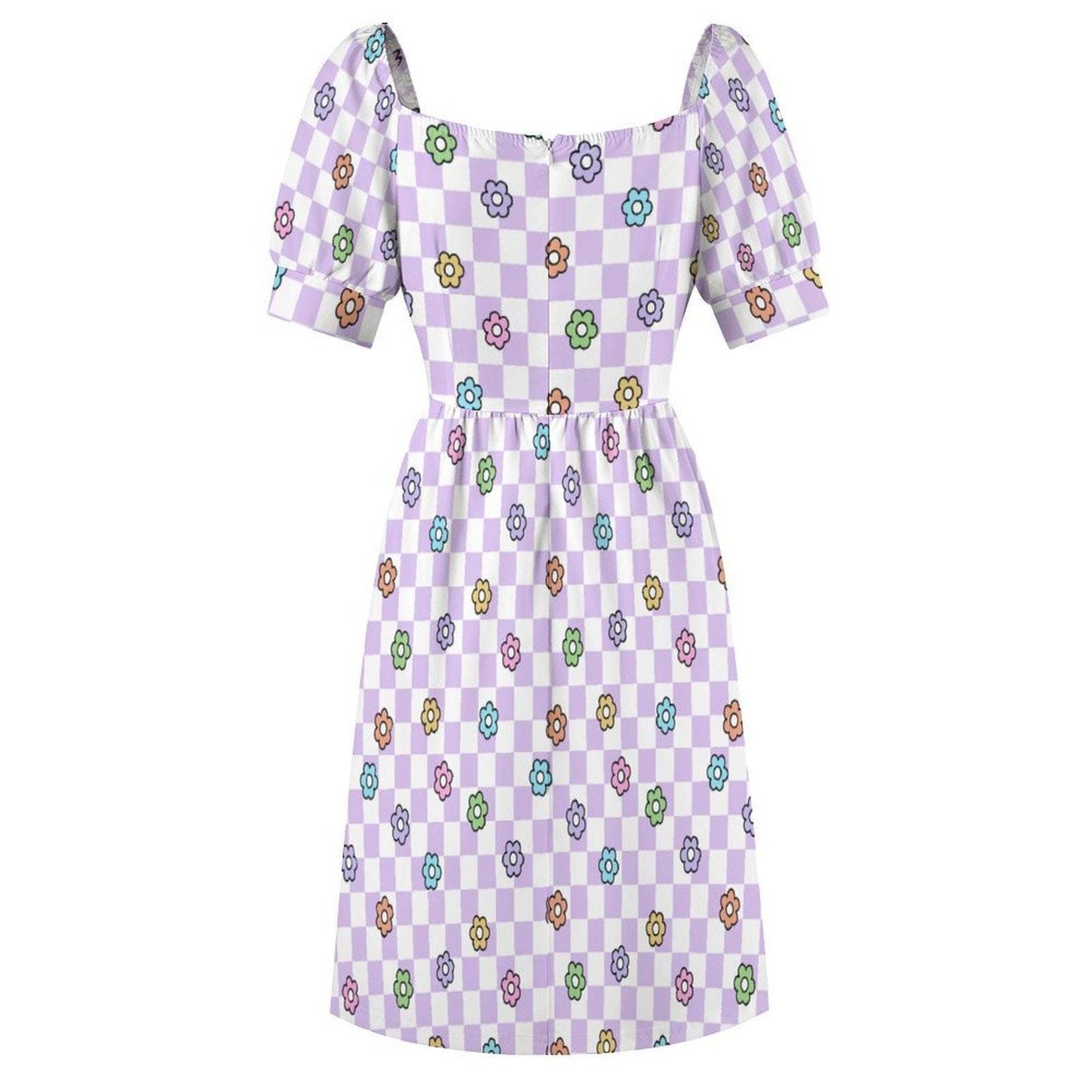 Lavender Checkerboard Midi Dress, Pastel Daisy Puff Sleeve, Retro Picnic Outfit