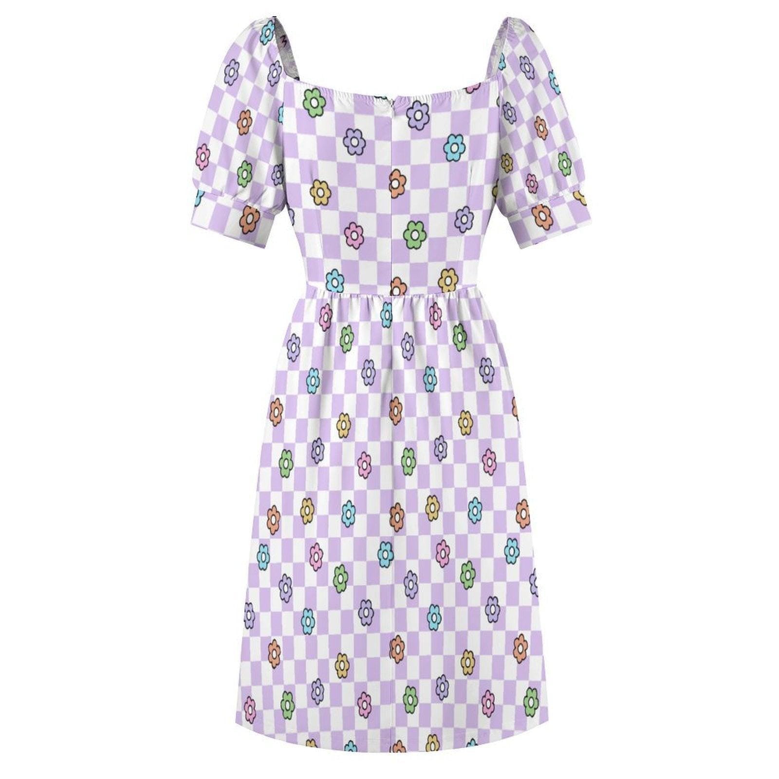 Lavender Checkerboard Midi Dress, Pastel Daisy Puff Sleeve, Retro Picnic Outfit