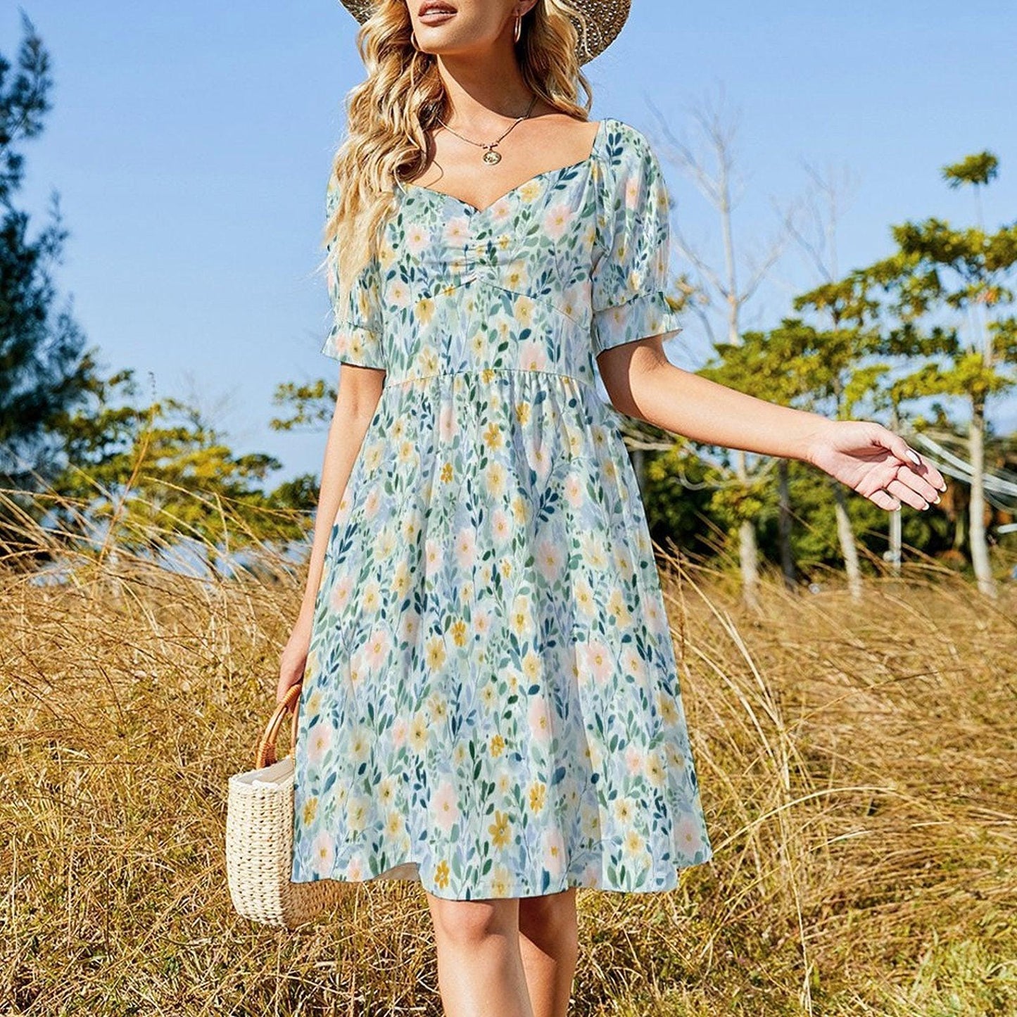 Pastel Wildflower Midi Dress, Botanical Puff Sleeve, Garden Party Style, Bridal Brunch