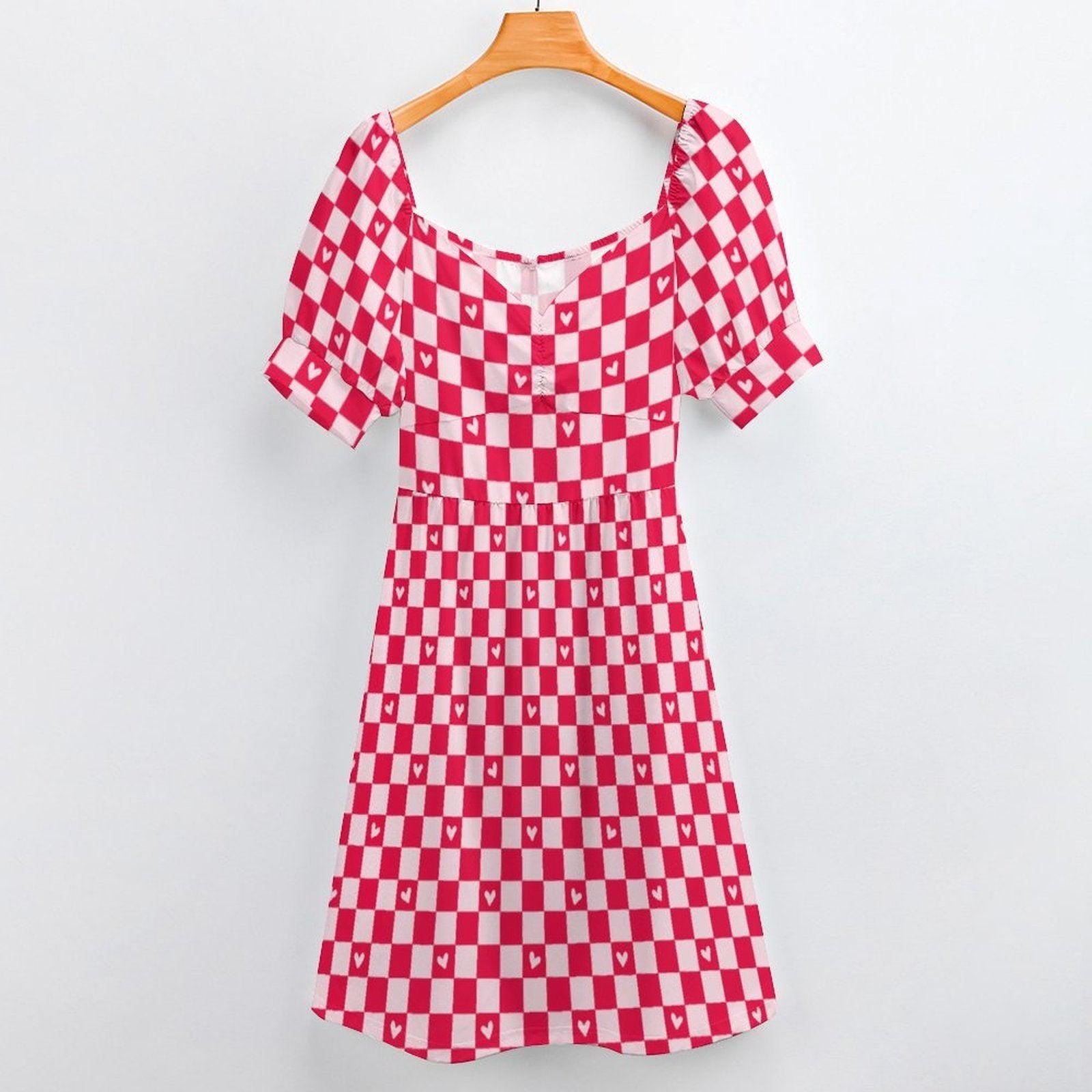 Red Gingham Heart Puff Sleeve Dress, Sweetheart Neckline Picnic Outfit