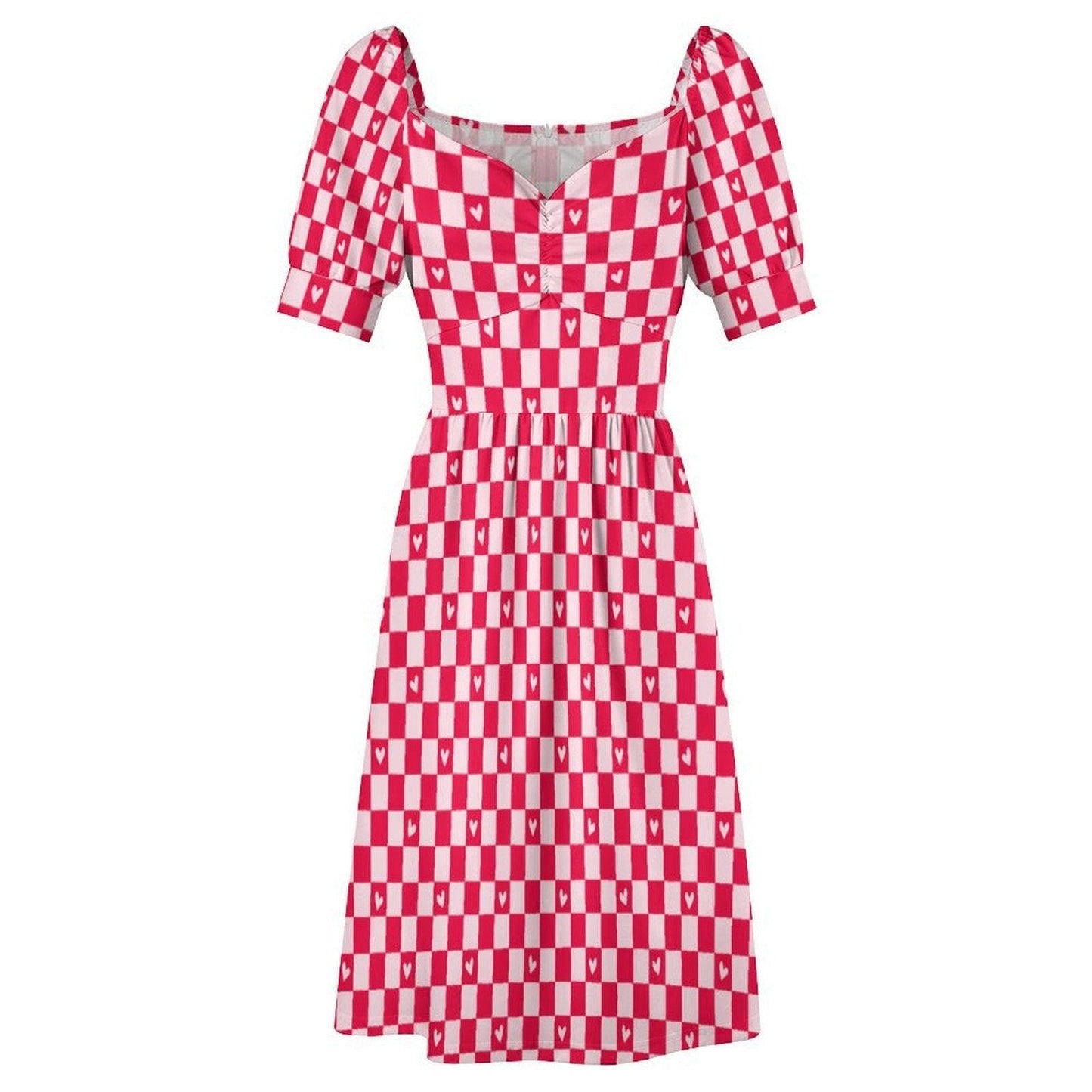 Red Gingham Heart Puff Sleeve Dress, Sweetheart Neckline Picnic Outfit