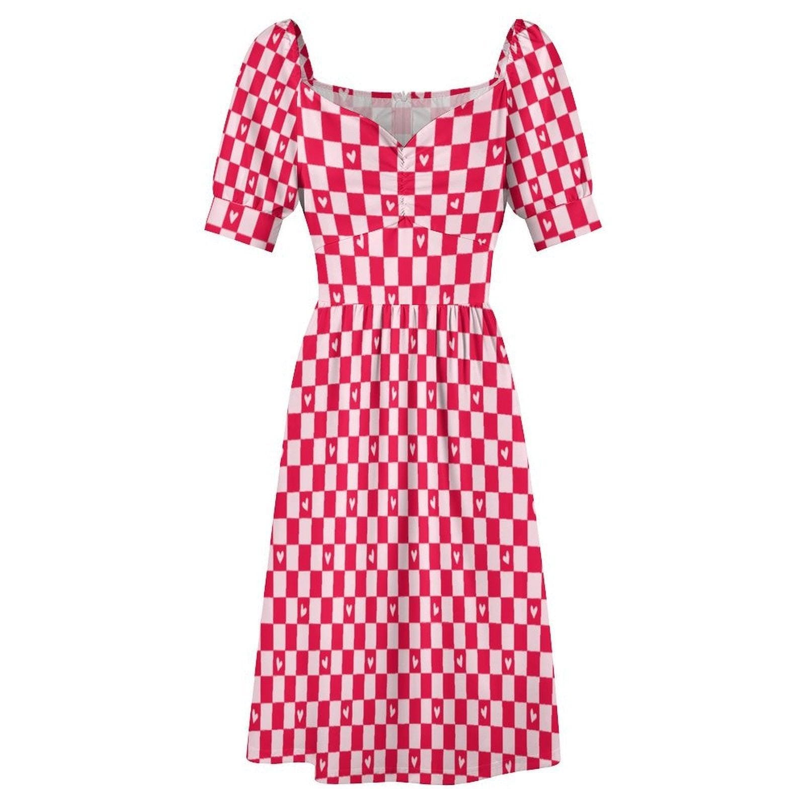 Red Gingham Heart Puff Sleeve Dress, Sweetheart Neckline Picnic Outfit
