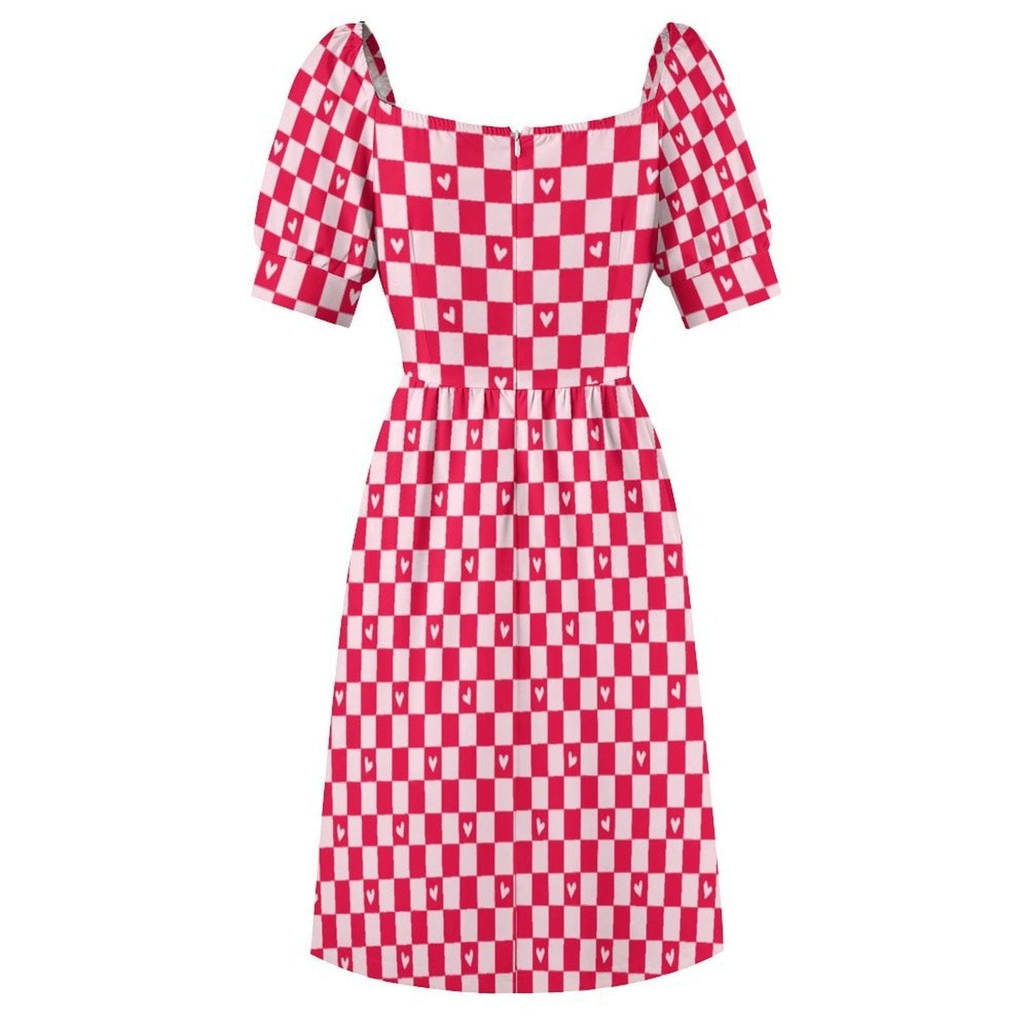 Red Gingham Heart Puff Sleeve Dress, Sweetheart Neckline Picnic Outfit