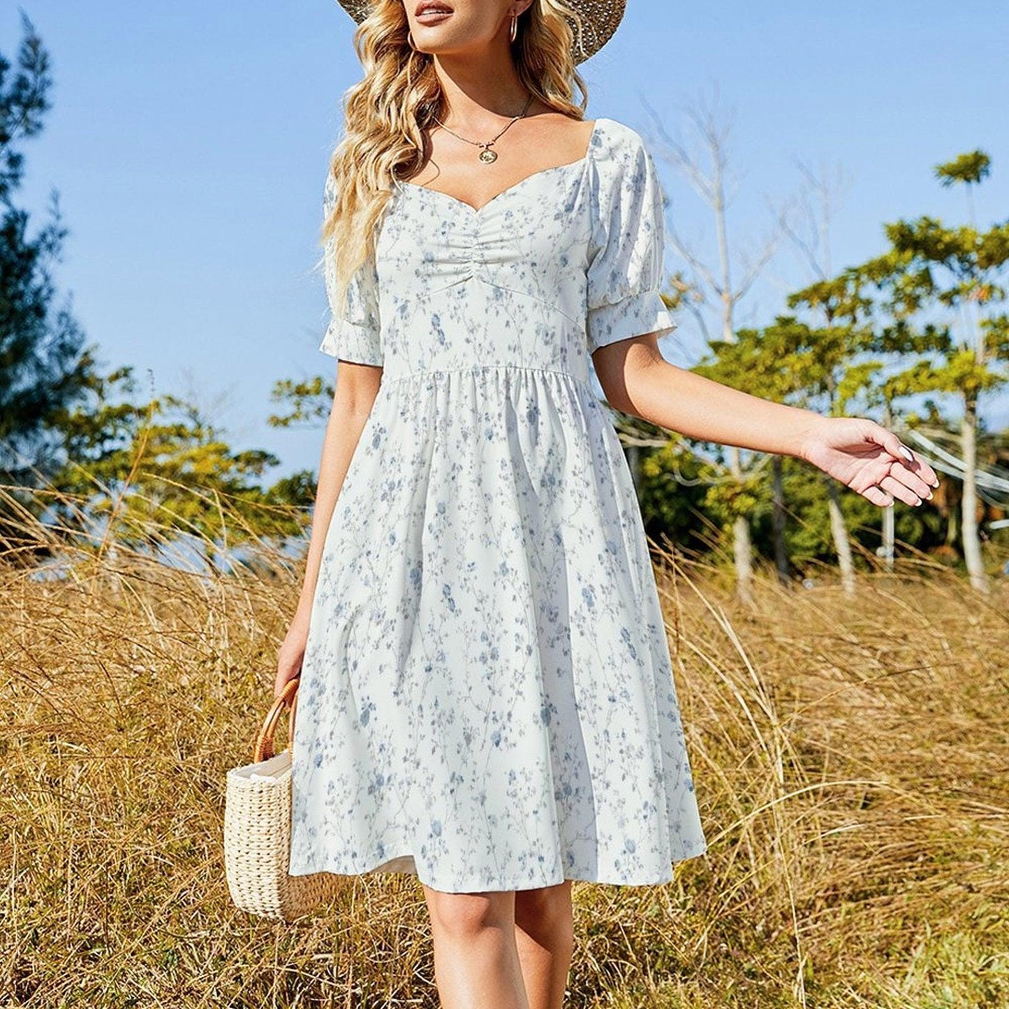 Blue Ditsy Floral Midi Dress, Puff Sleeve Romantic Summer Garden Party Outfit